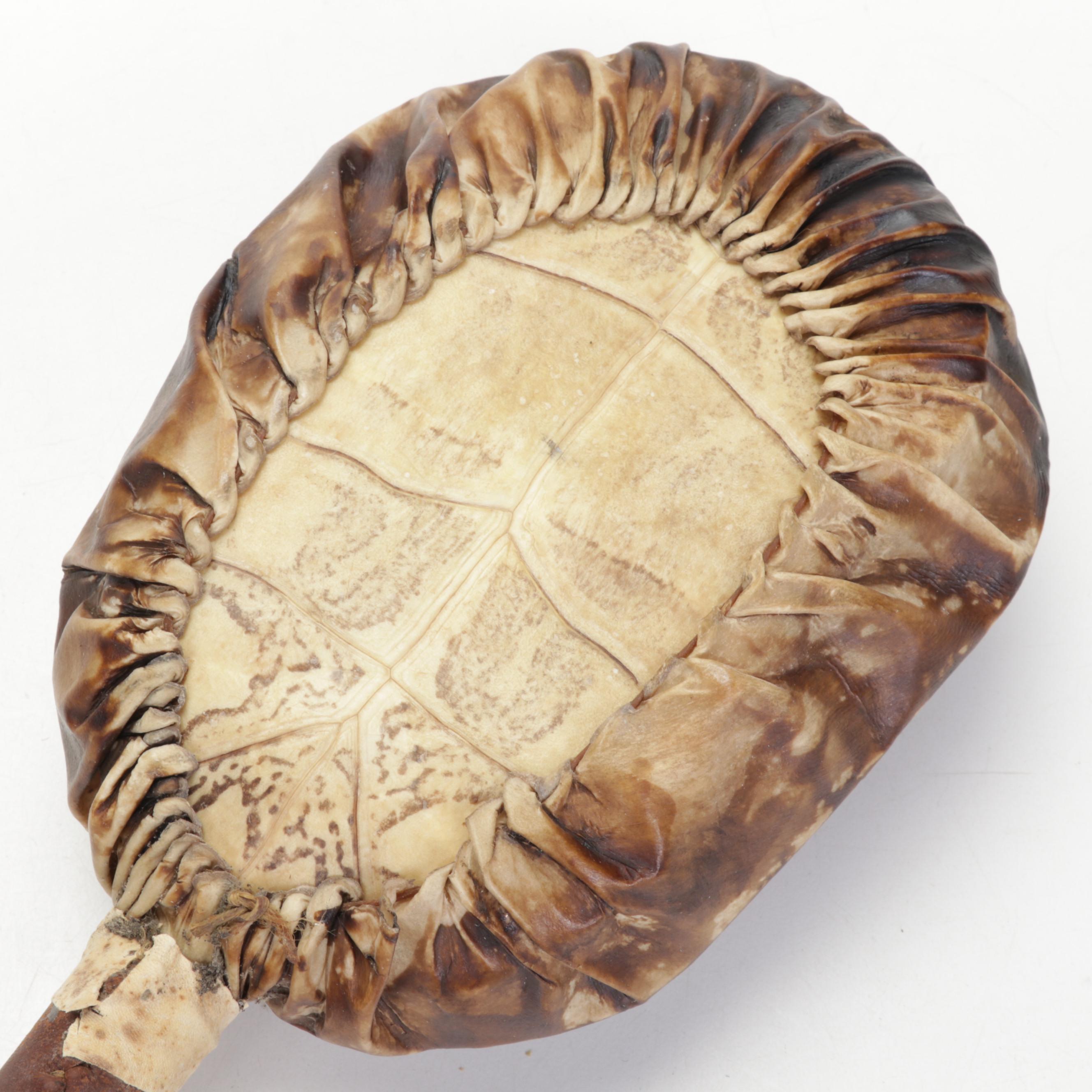 Common Snapping Turtle Shell Rattle and Knapped Stone Knife With Antler Handle