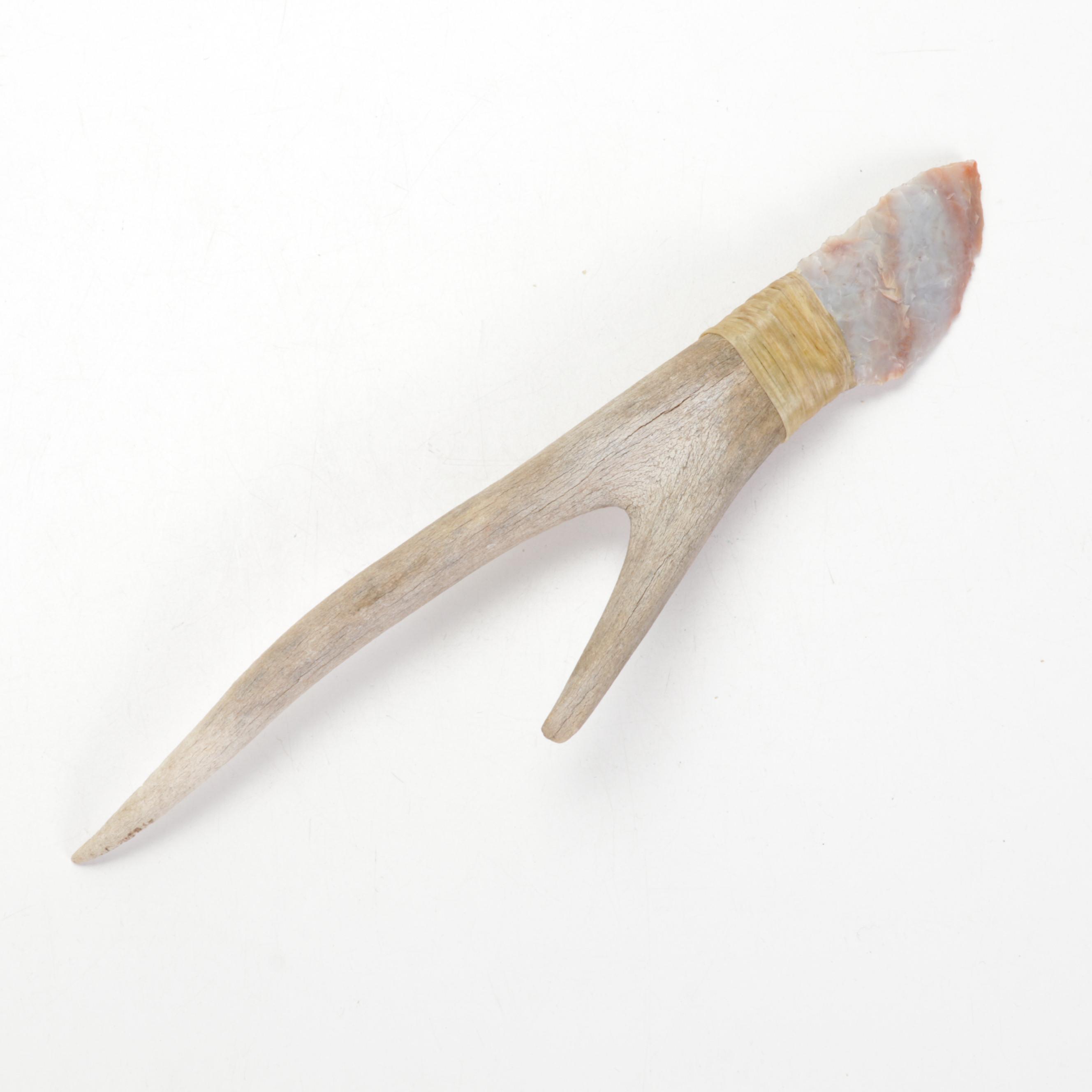 Common Snapping Turtle Shell Rattle and Knapped Stone Knife With Antler Handle