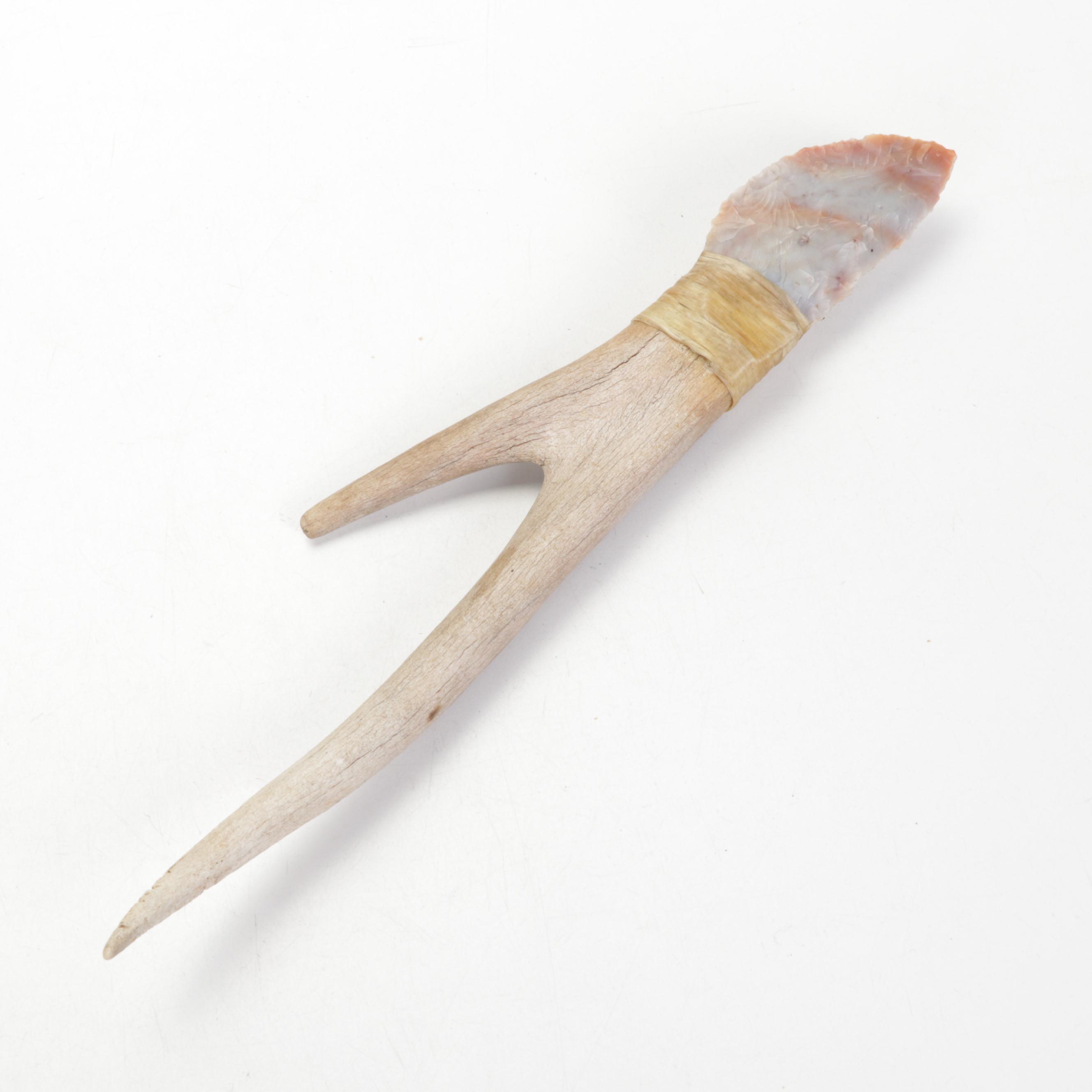 Common Snapping Turtle Shell Rattle and Knapped Stone Knife With Antler Handle