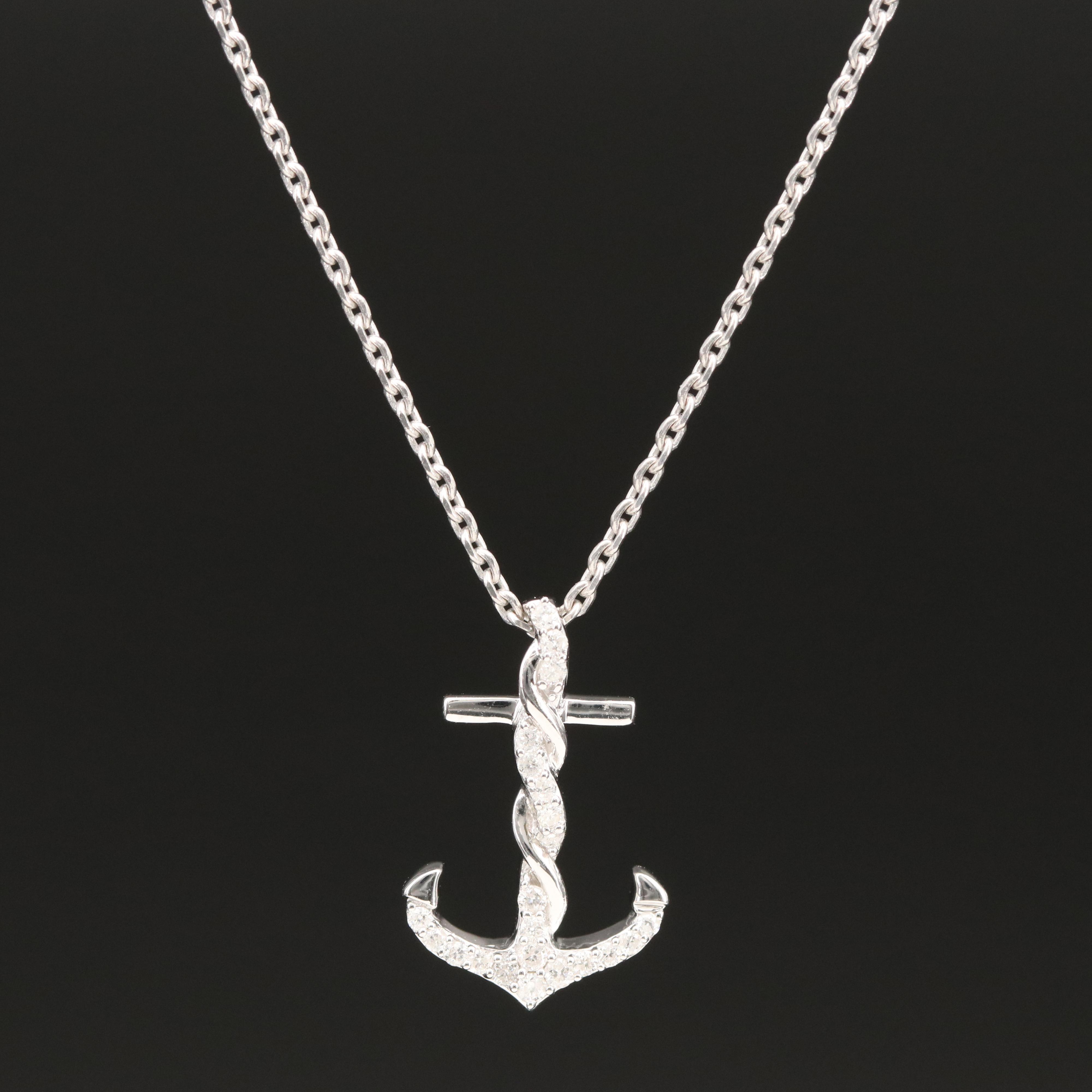 Sterling Diamond Anchor Pendant Necklace