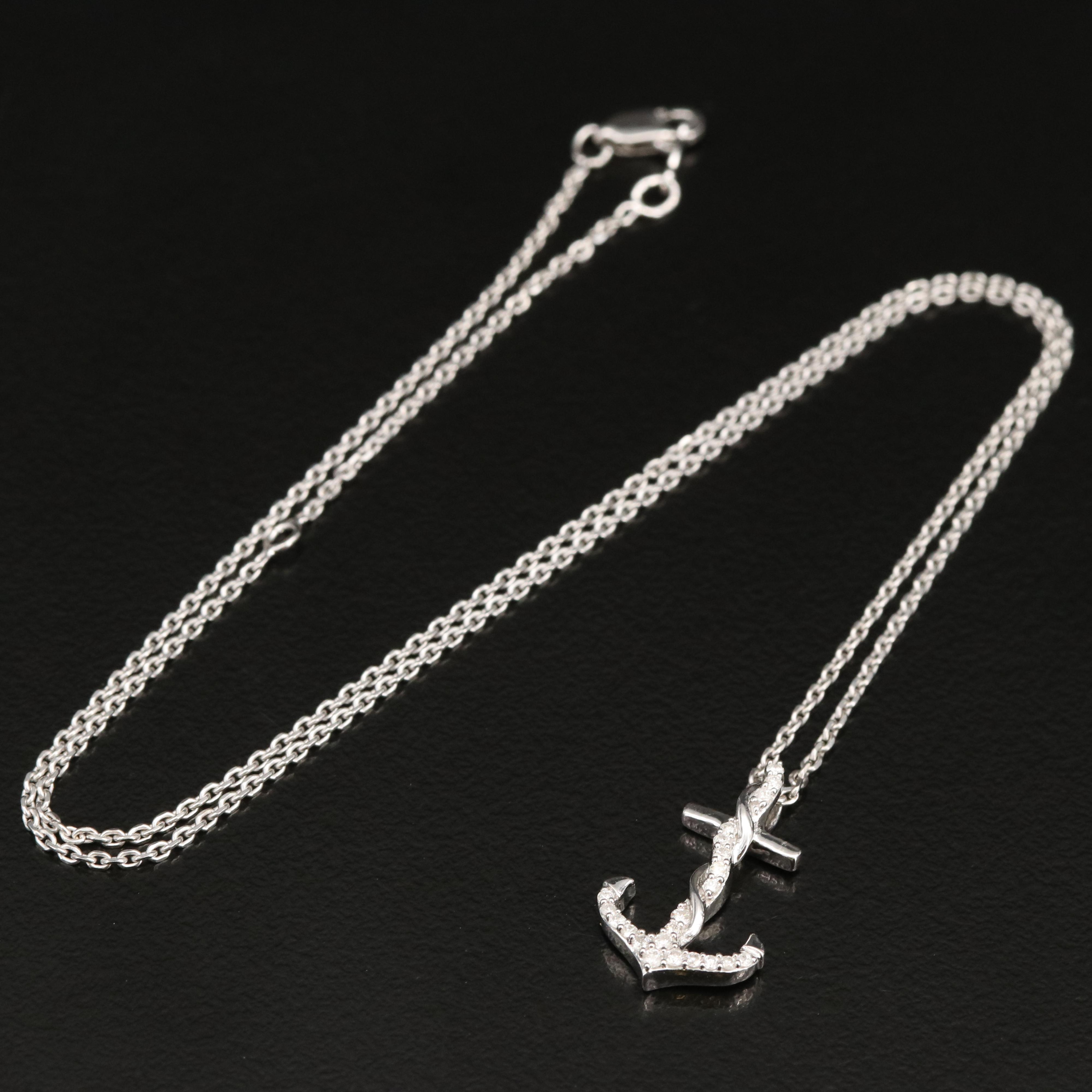Sterling Diamond Anchor Pendant Necklace