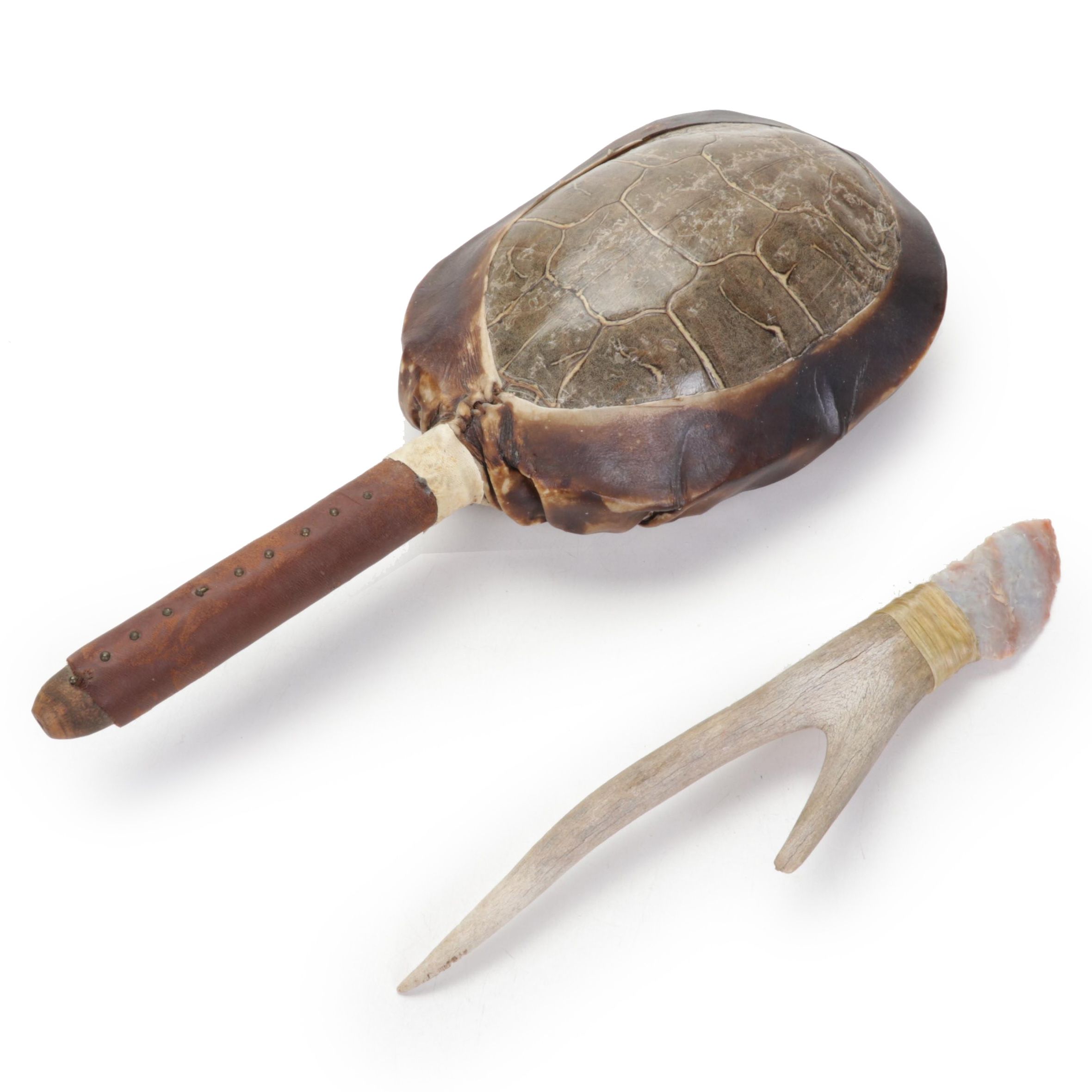Common Snapping Turtle Shell Rattle and Knapped Stone Knife With Antler Handle