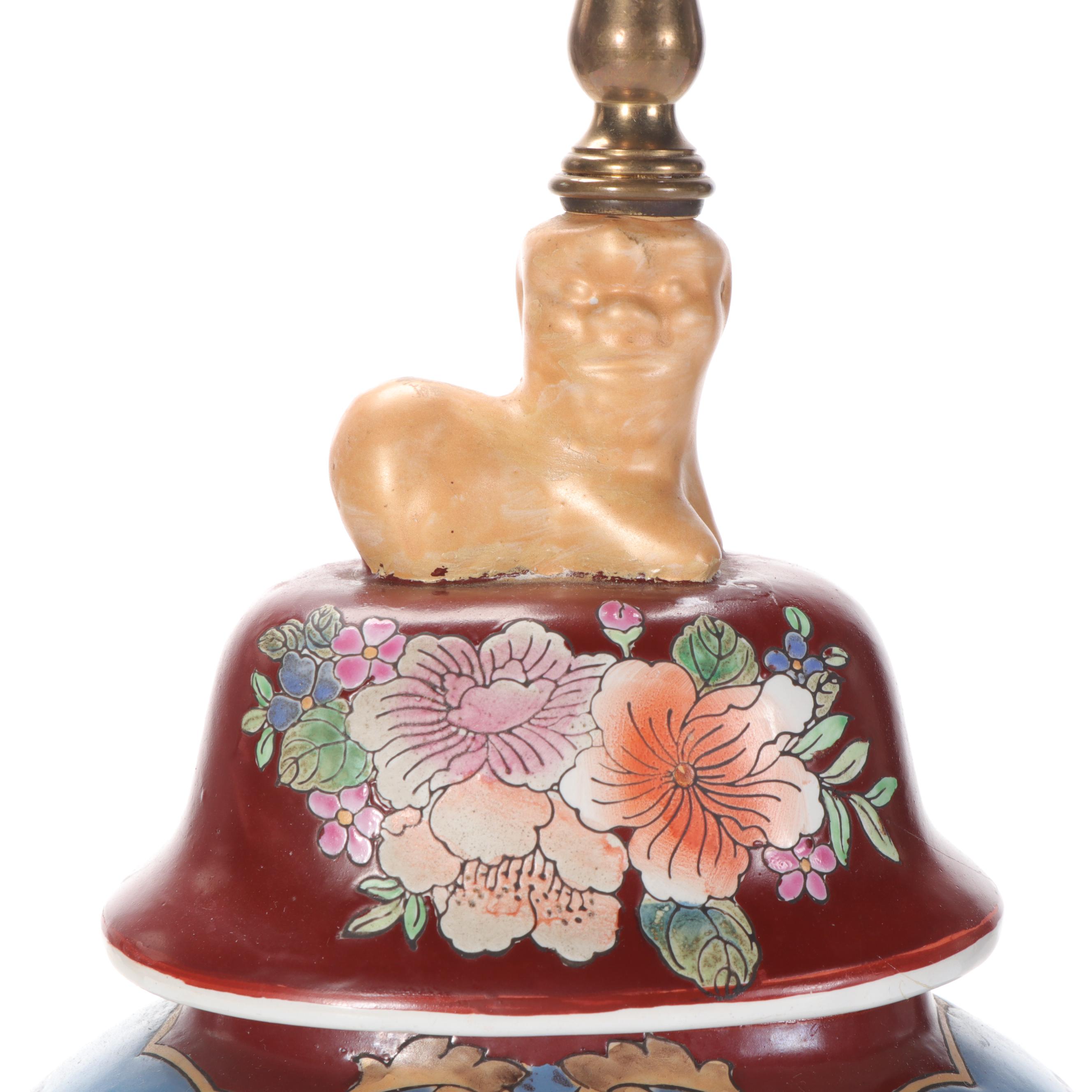 Hand-Painted Ginger Jar Lamp, Mid to Late 20th Century