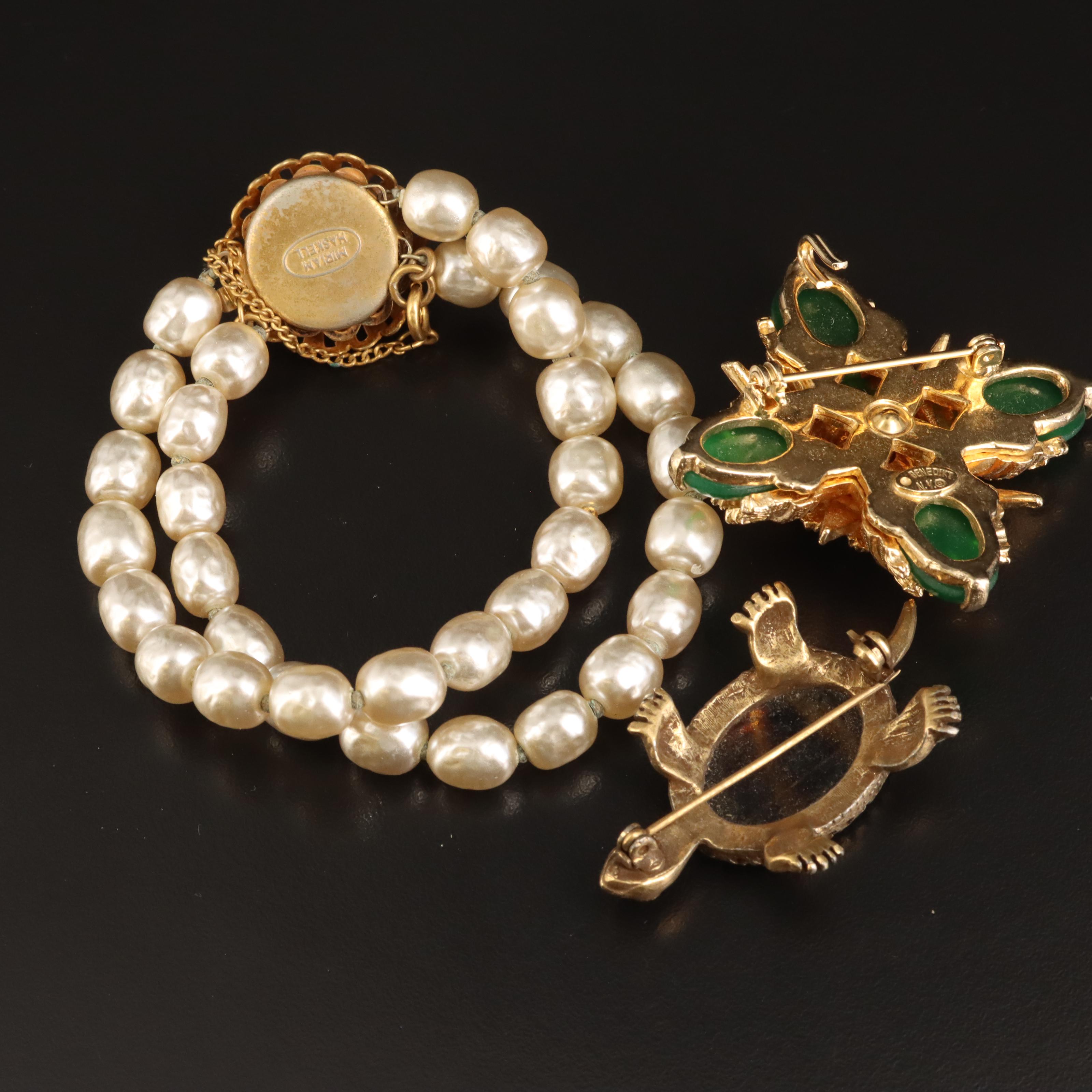 Miriam Haskell Bracelet with Turtle and Benedikt NY Maltese Cross Brooches