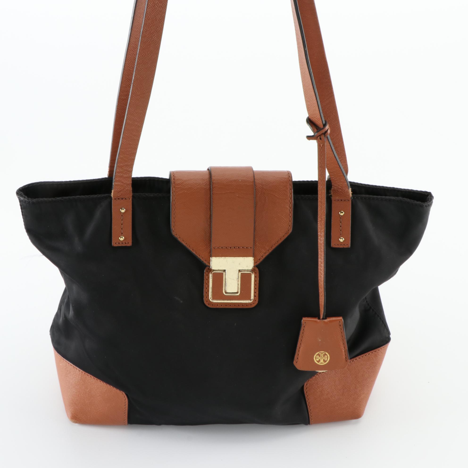Tory Burch Shoulder Tote Bags in Tan Crossgrain Leather and Black Nylon
