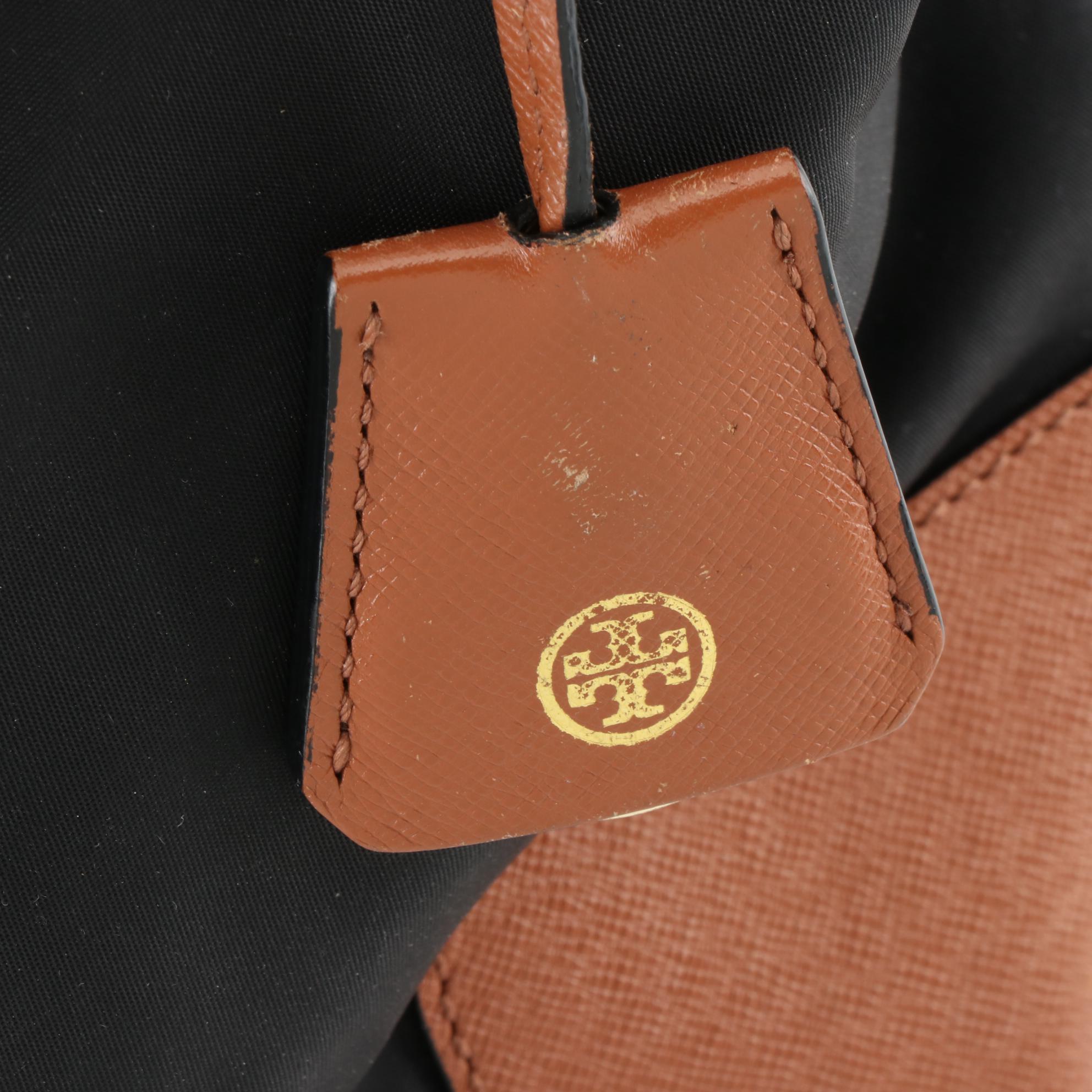 Tory Burch Shoulder Tote Bags in Tan Crossgrain Leather and Black Nylon