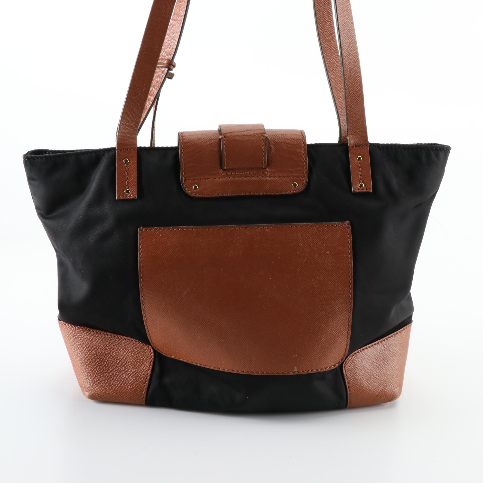 Tory Burch Shoulder Tote Bags in Tan Crossgrain Leather and Black Nylon