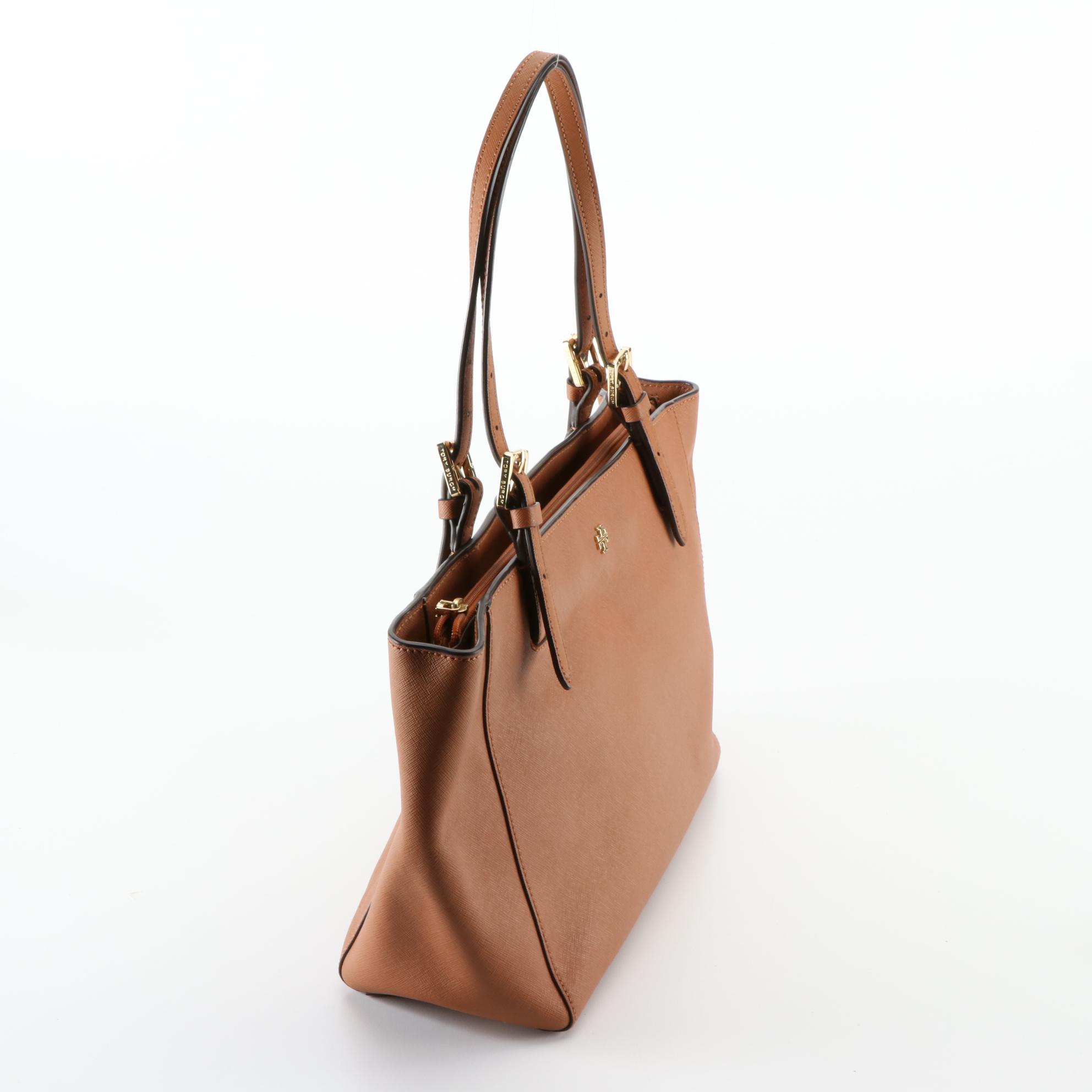 Tory Burch Shoulder Tote Bags in Tan Crossgrain Leather and Black Nylon