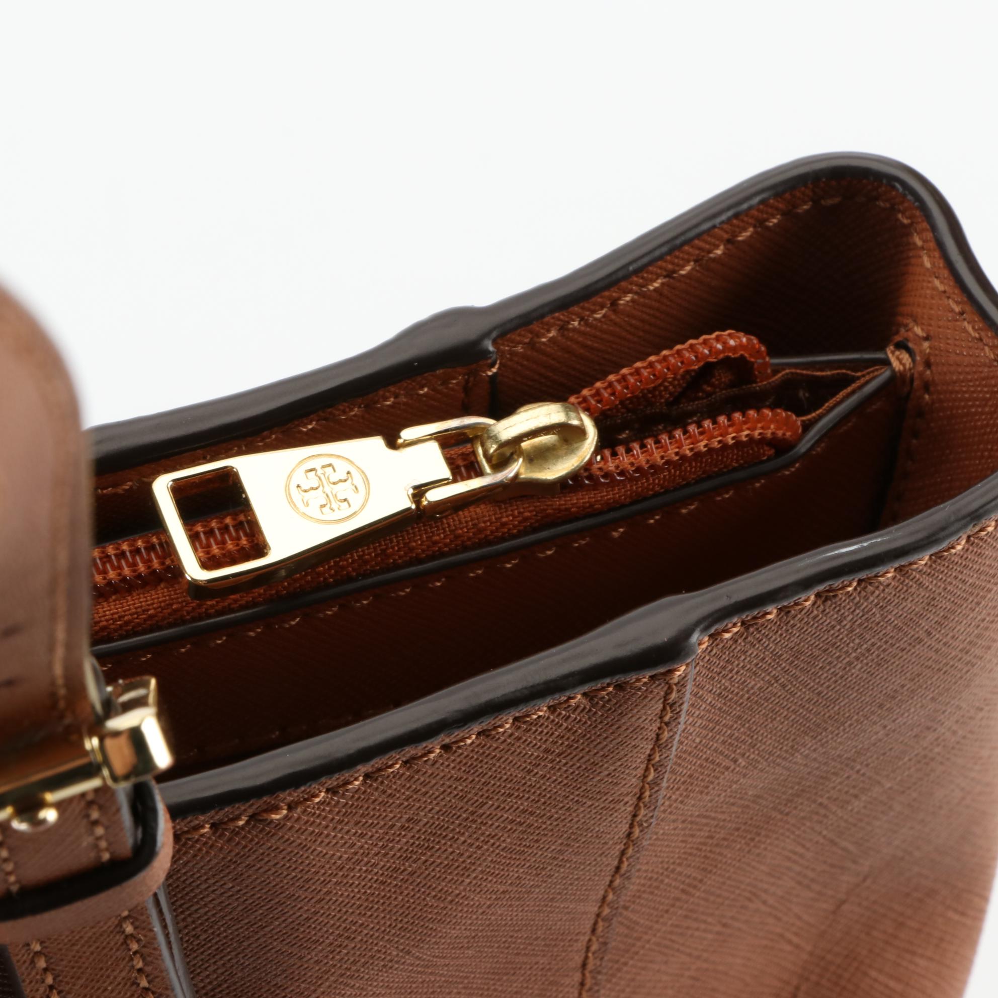 Tory Burch Shoulder Tote Bags in Tan Crossgrain Leather and Black Nylon