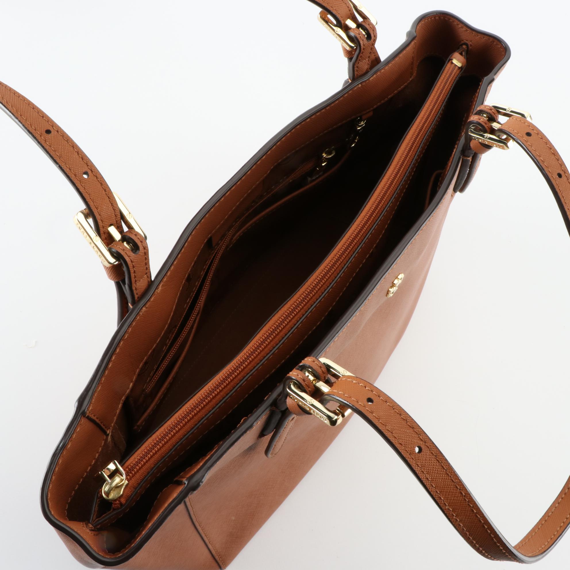 Tory Burch Shoulder Tote Bags in Tan Crossgrain Leather and Black Nylon