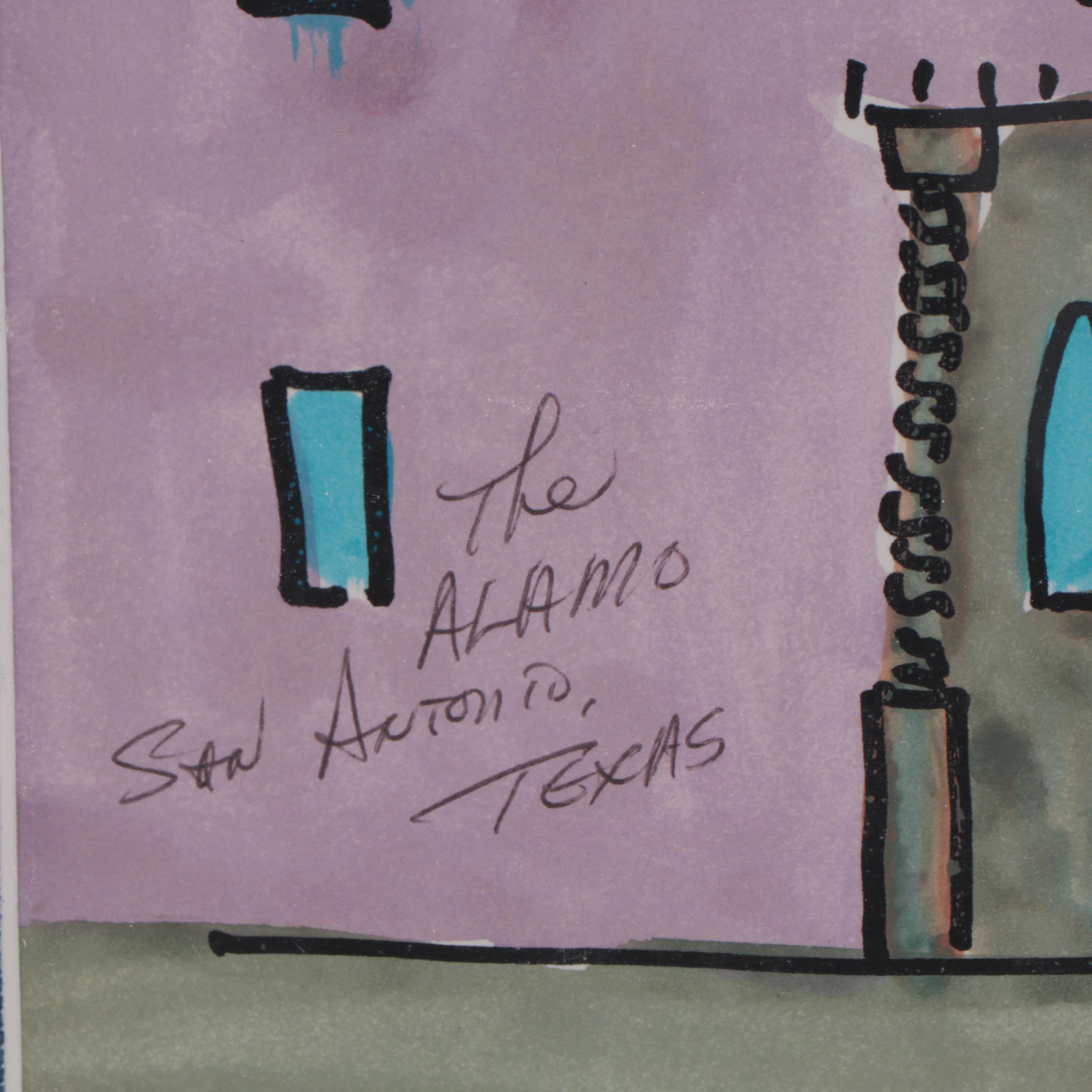 Brother Cletus Folk Ink and Watercolor Painting "The Alamo - San Antonio, Texas"