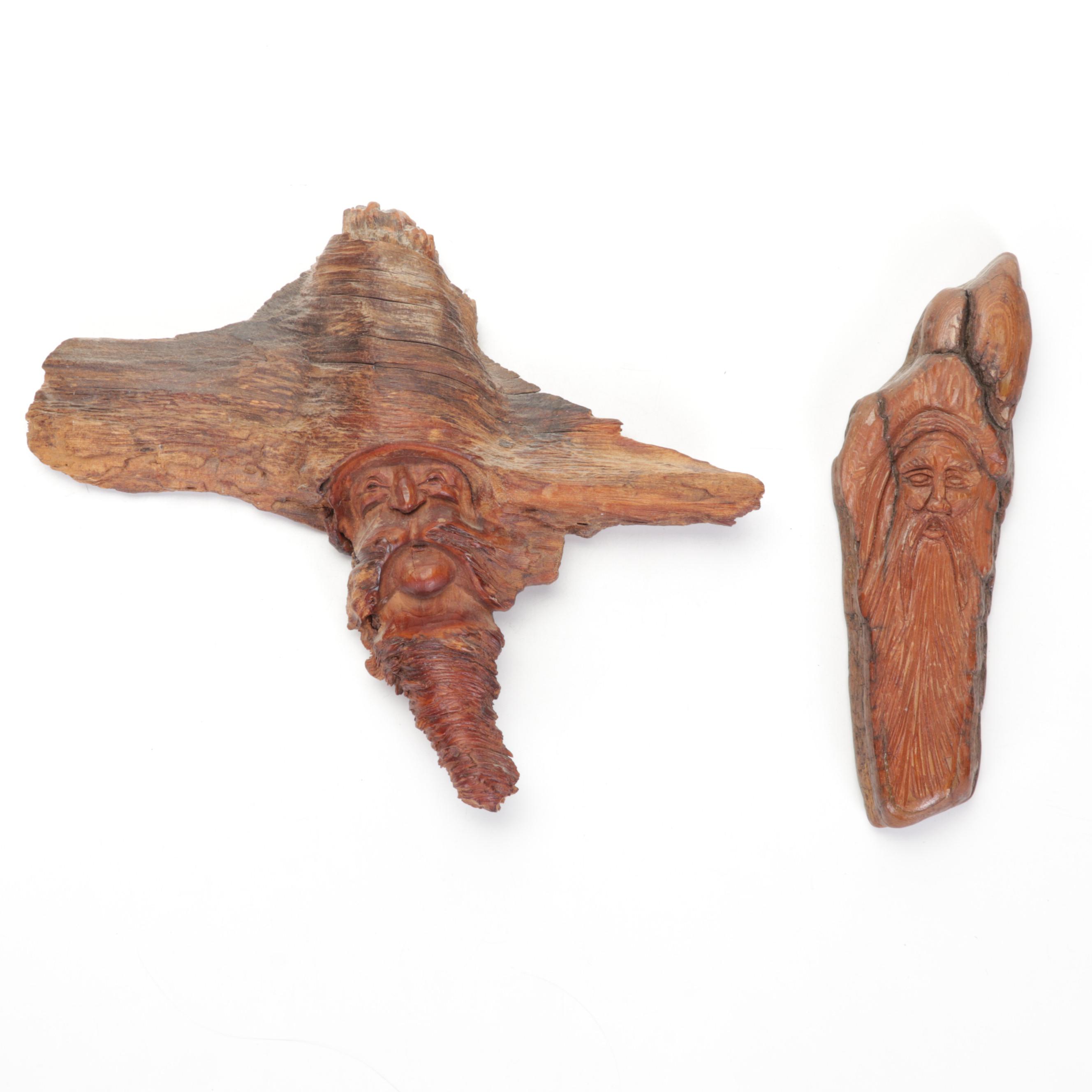 Carved Wood Faces and Figurine Sculptures