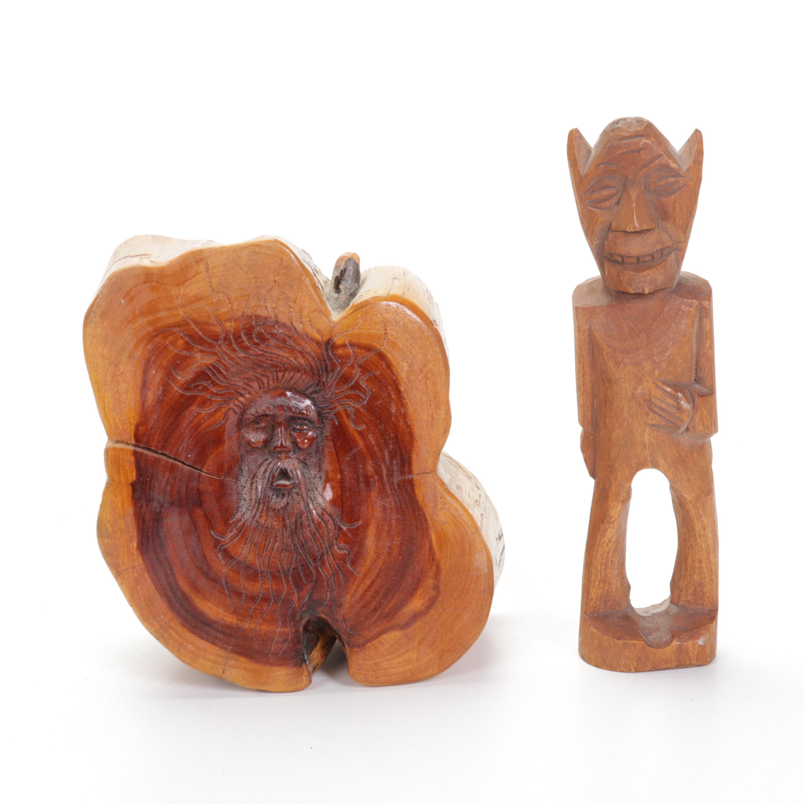 Carved Wood Faces and Figurine Sculptures