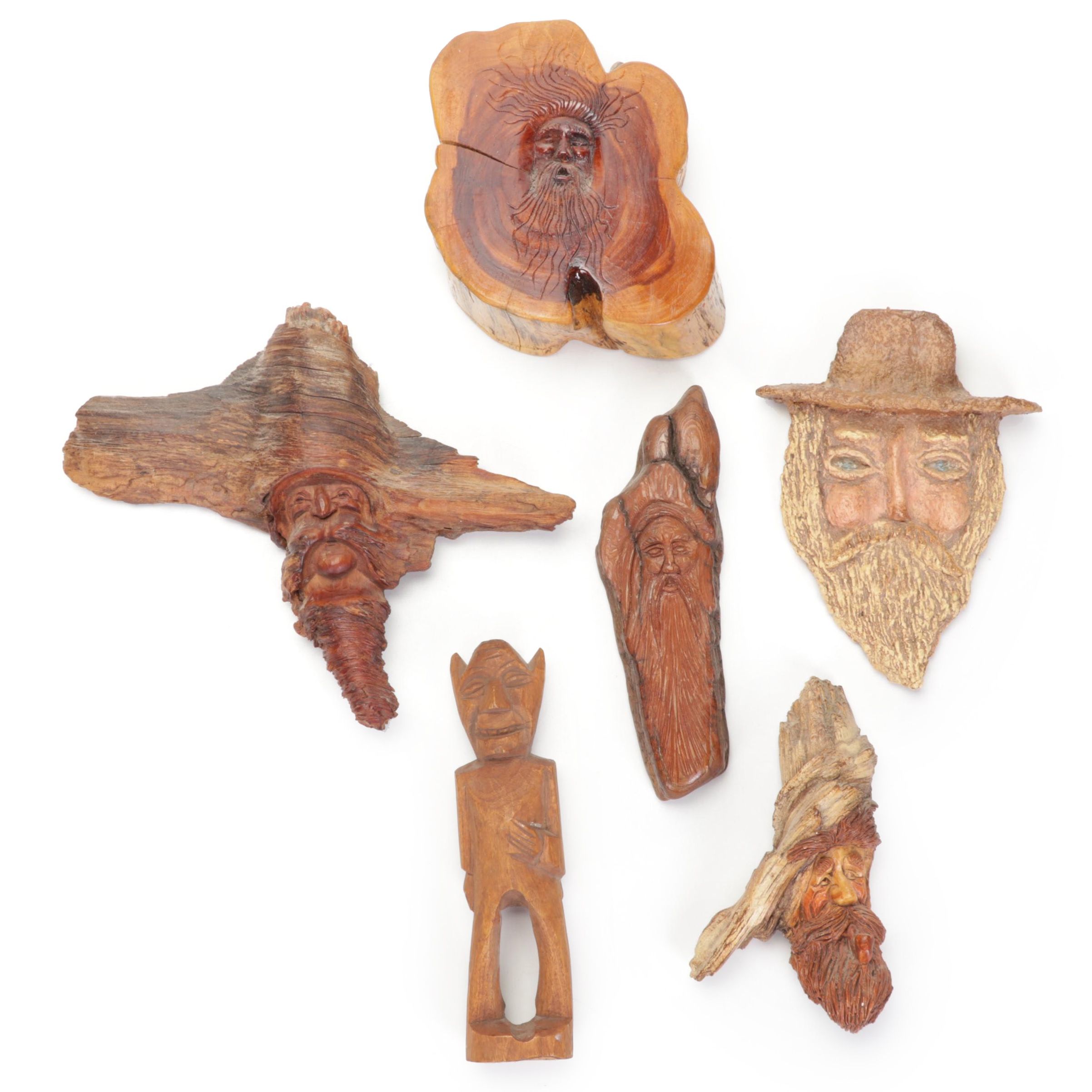 Carved Wood Faces and Figurine Sculptures
