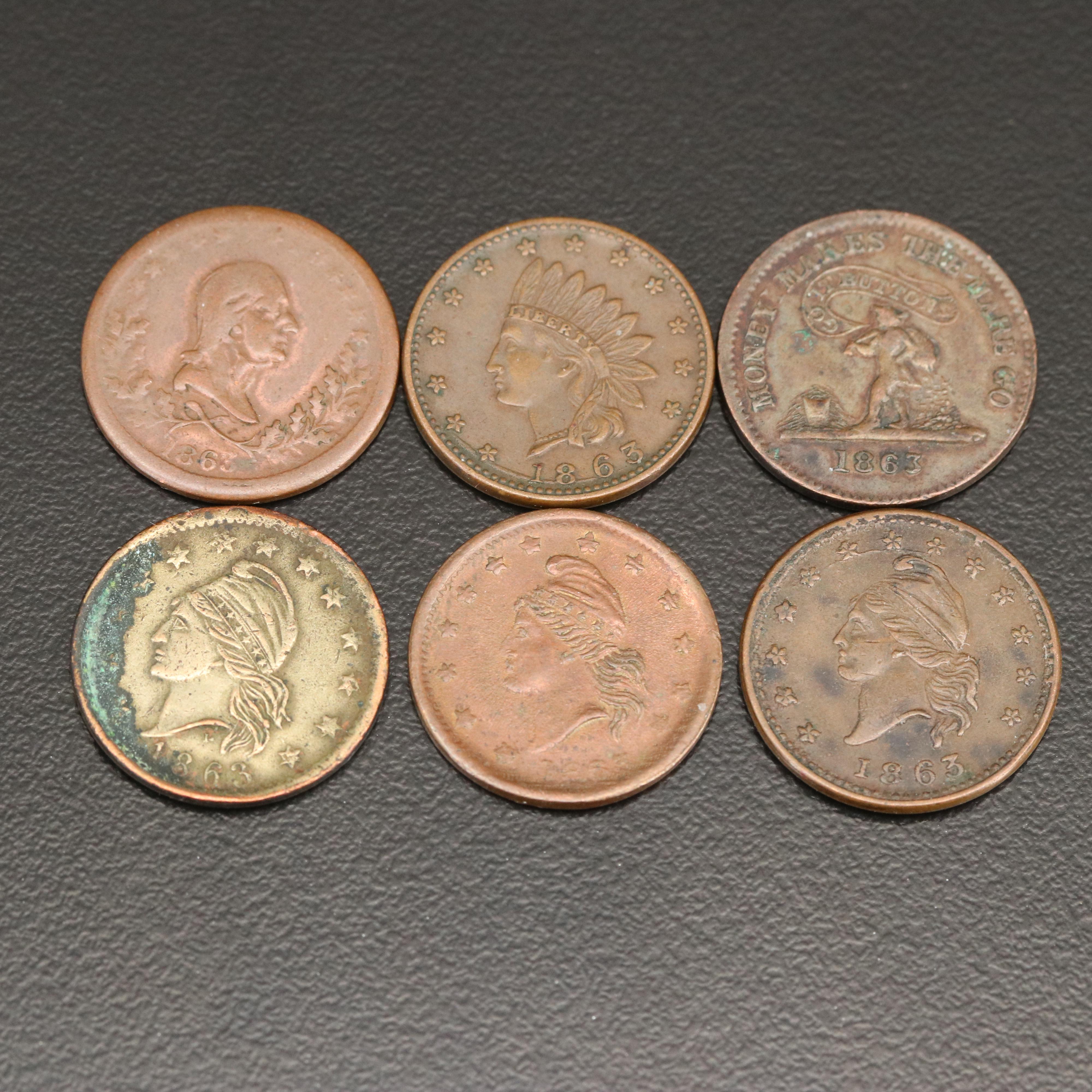 Six 1863 Civil War Tokens