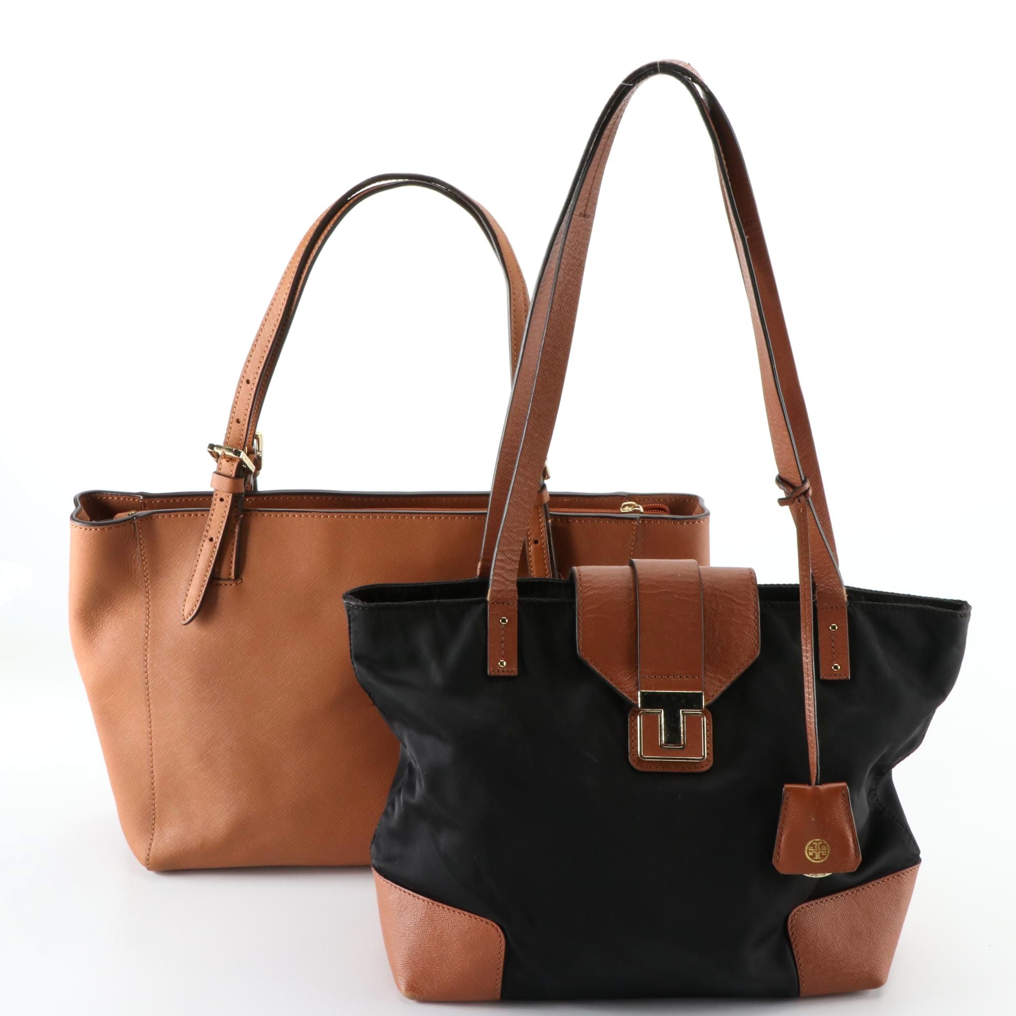 Tory Burch Shoulder Tote Bags in Tan Crossgrain Leather and Black Nylon