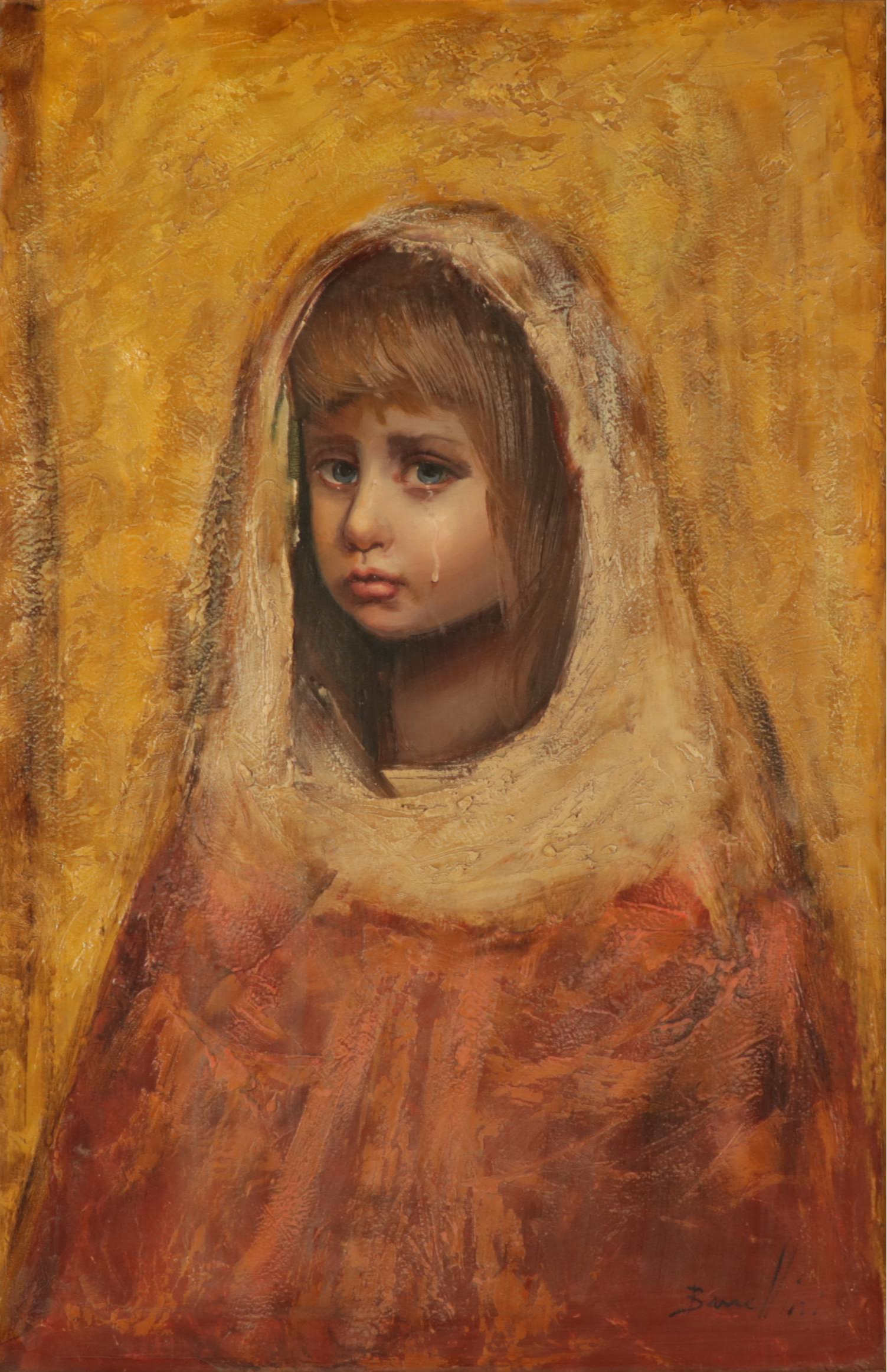 Portrait Oil Painting of Crying Child, Mid-Late 20th Century