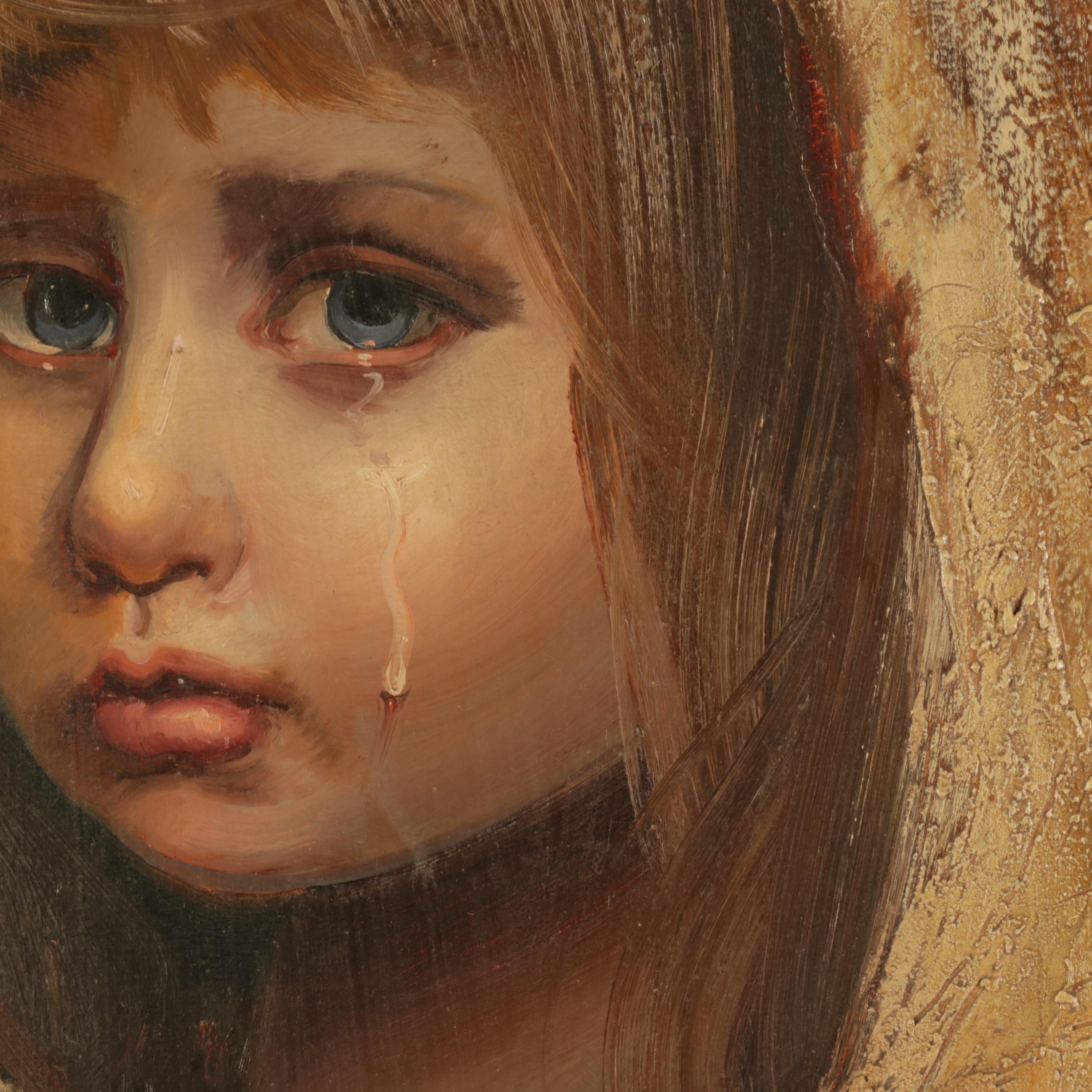 Portrait Oil Painting of Crying Child, Mid-Late 20th Century