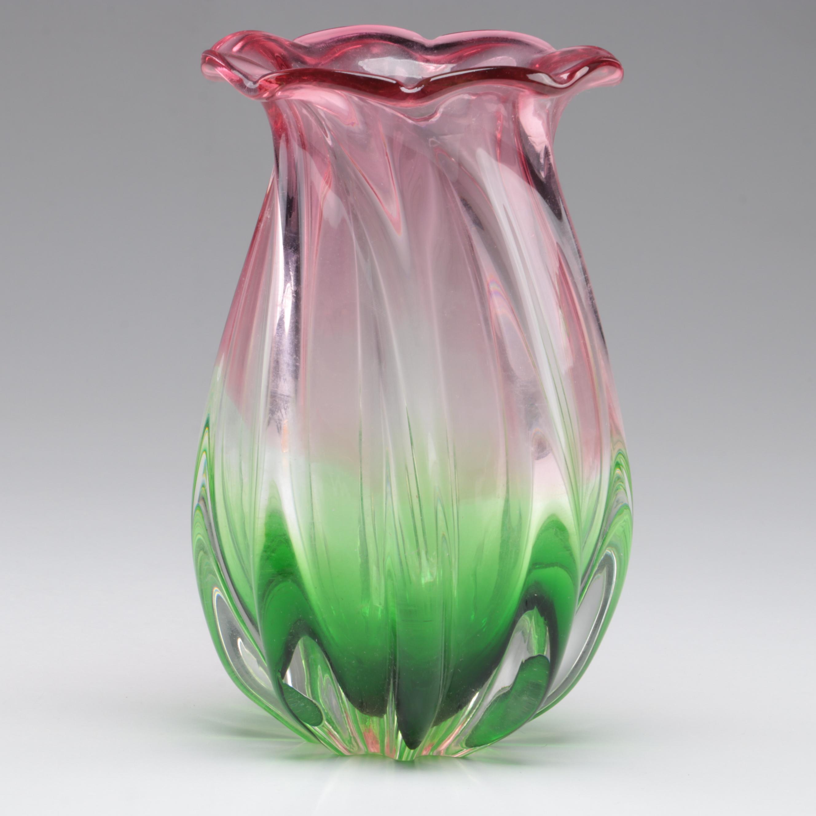 Optic Mold Blown Pink and Green Ombré Art Glass Vase