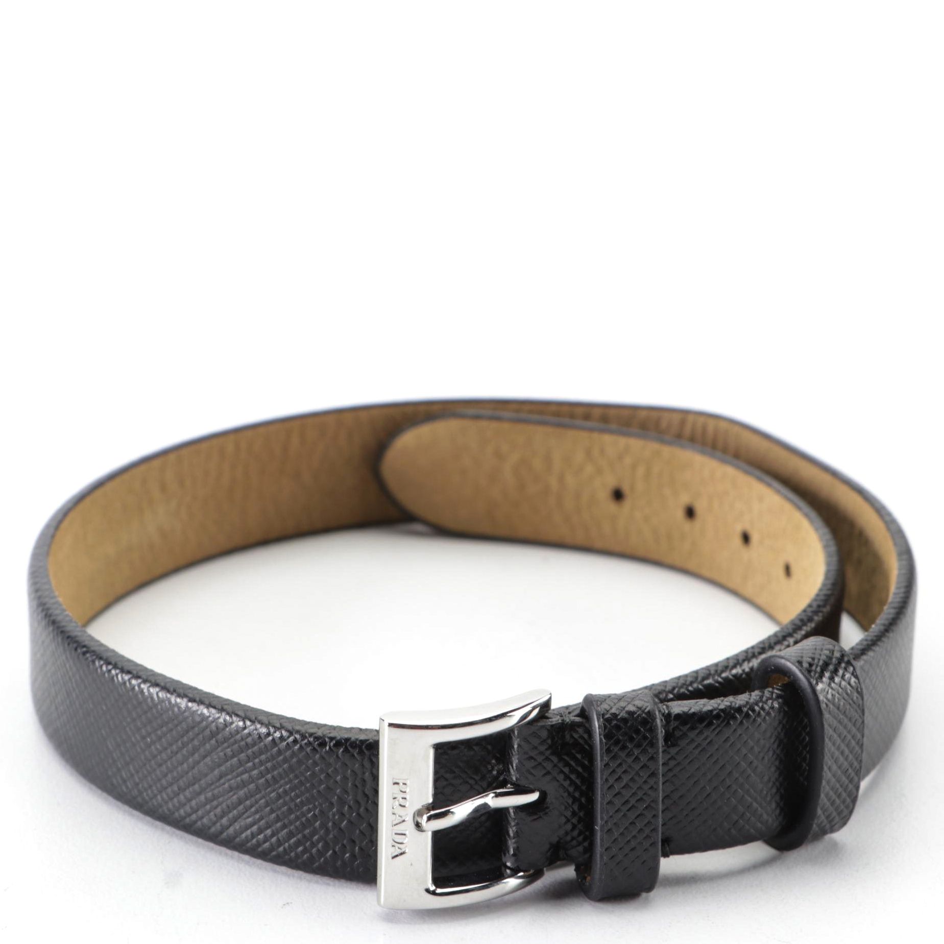 Prada x AmEx Centurion Wrap-Around Bracelet in Black Saffiano Leather with Box