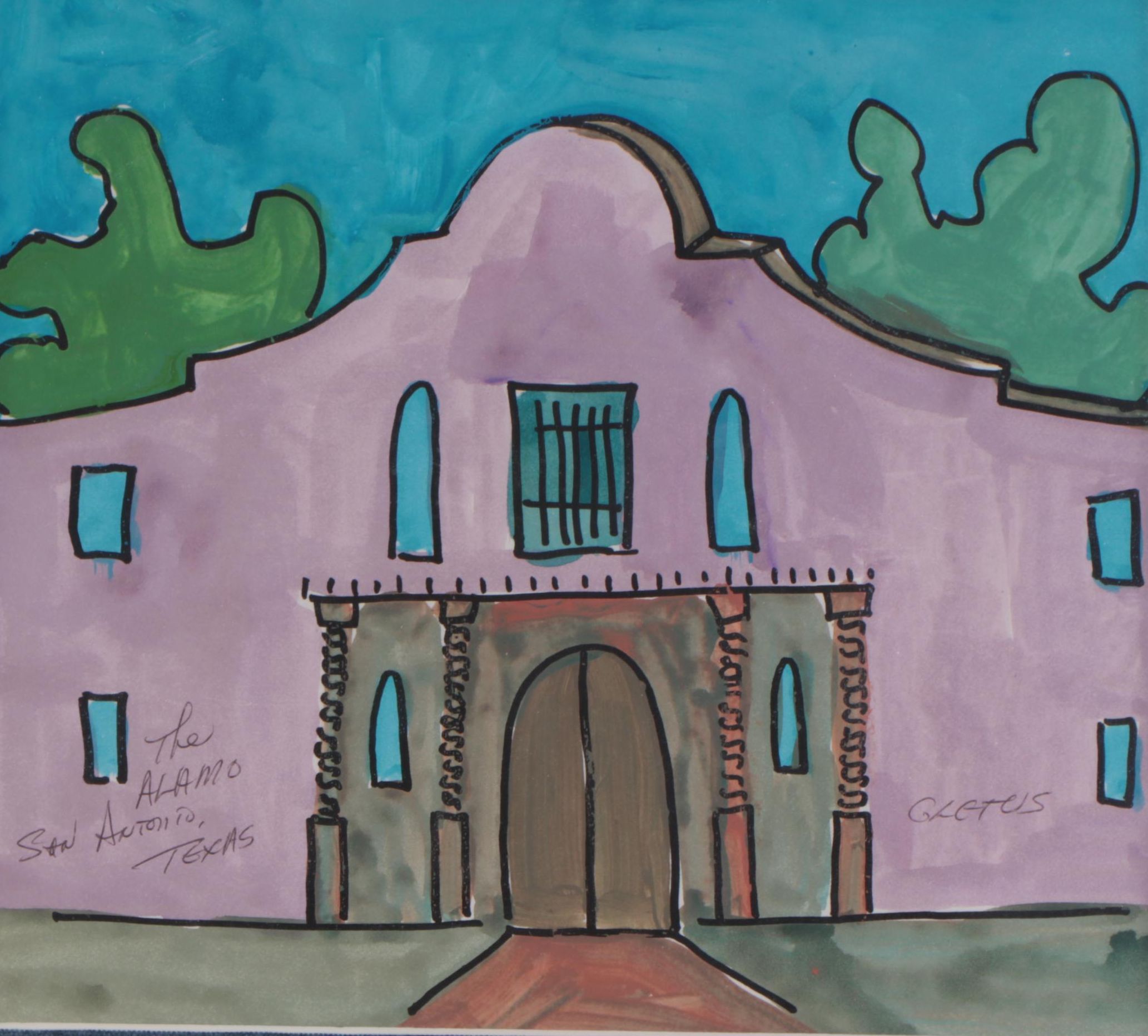 Brother Cletus Folk Ink and Watercolor Painting "The Alamo - San Antonio, Texas"