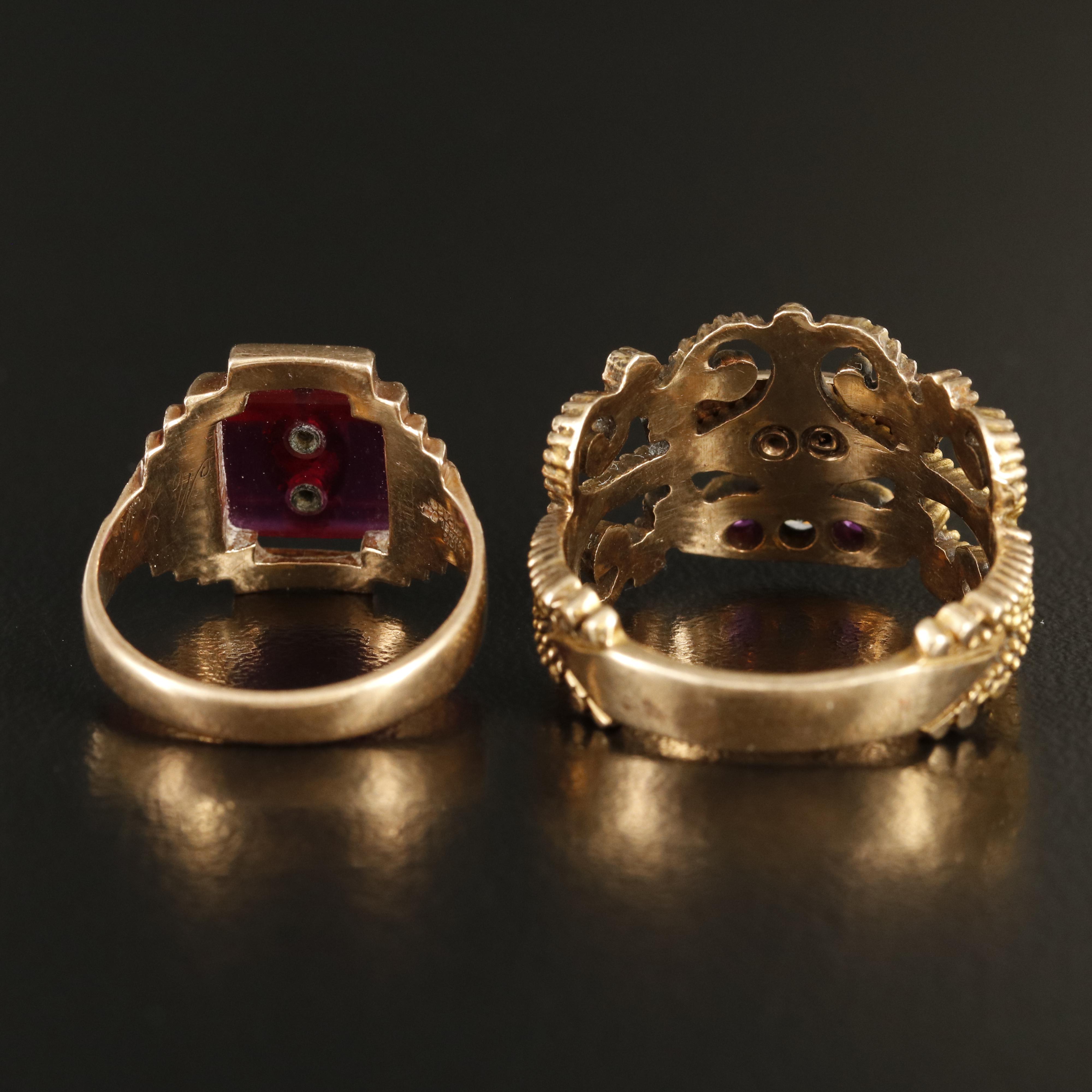 Vintage 10K Ruby High School and Diamond and Ruby Scrollwork Rings