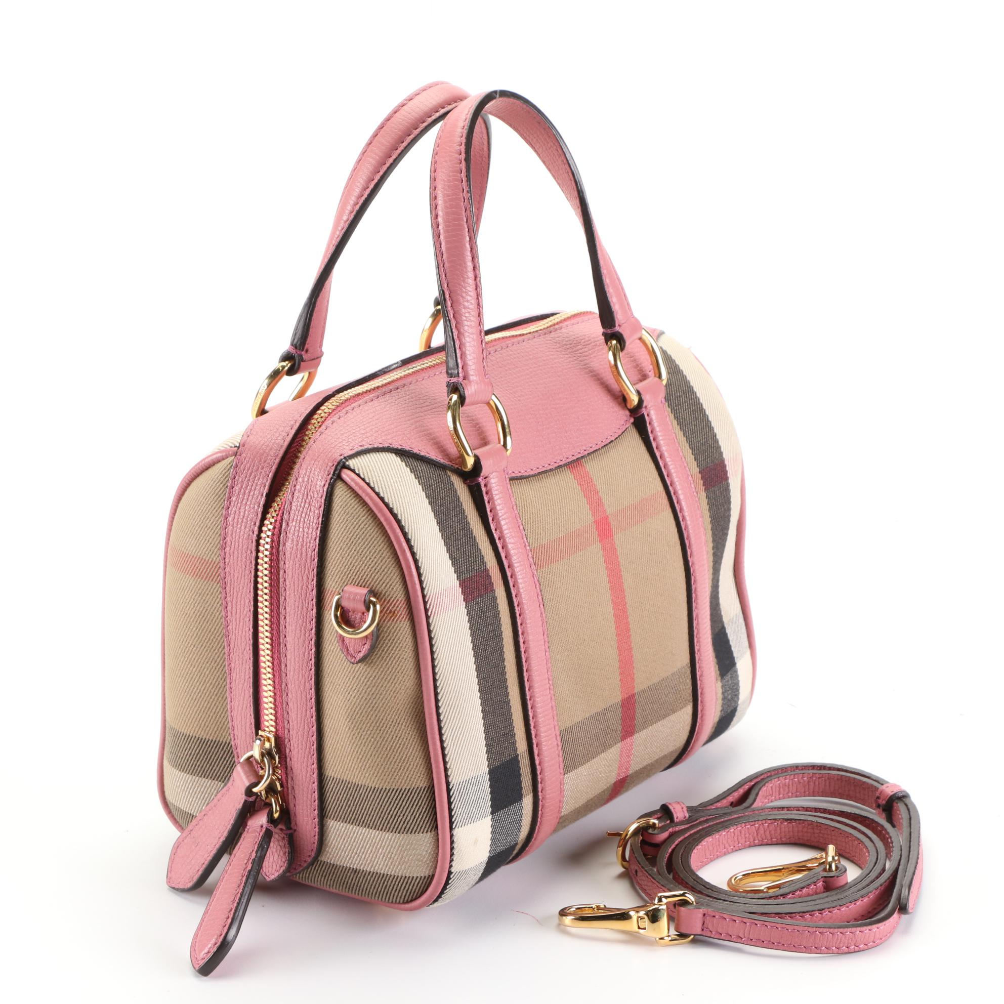 Burberry Small Boston Bag in House Check Twill/Pink Grained Leather with Strap