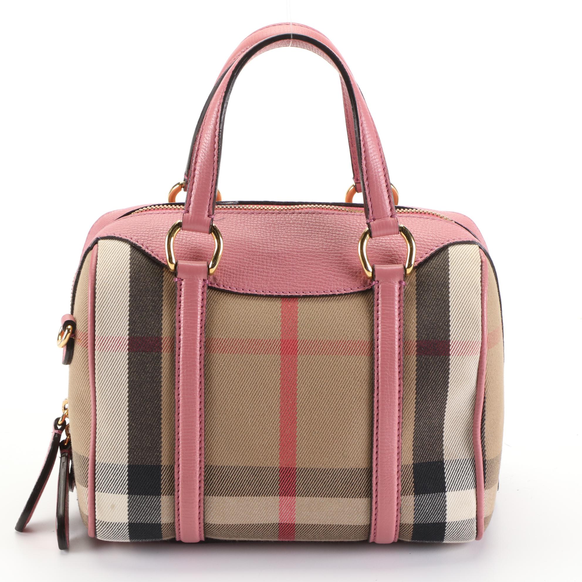 Burberry Small Boston Bag in House Check Twill/Pink Grained Leather with Strap