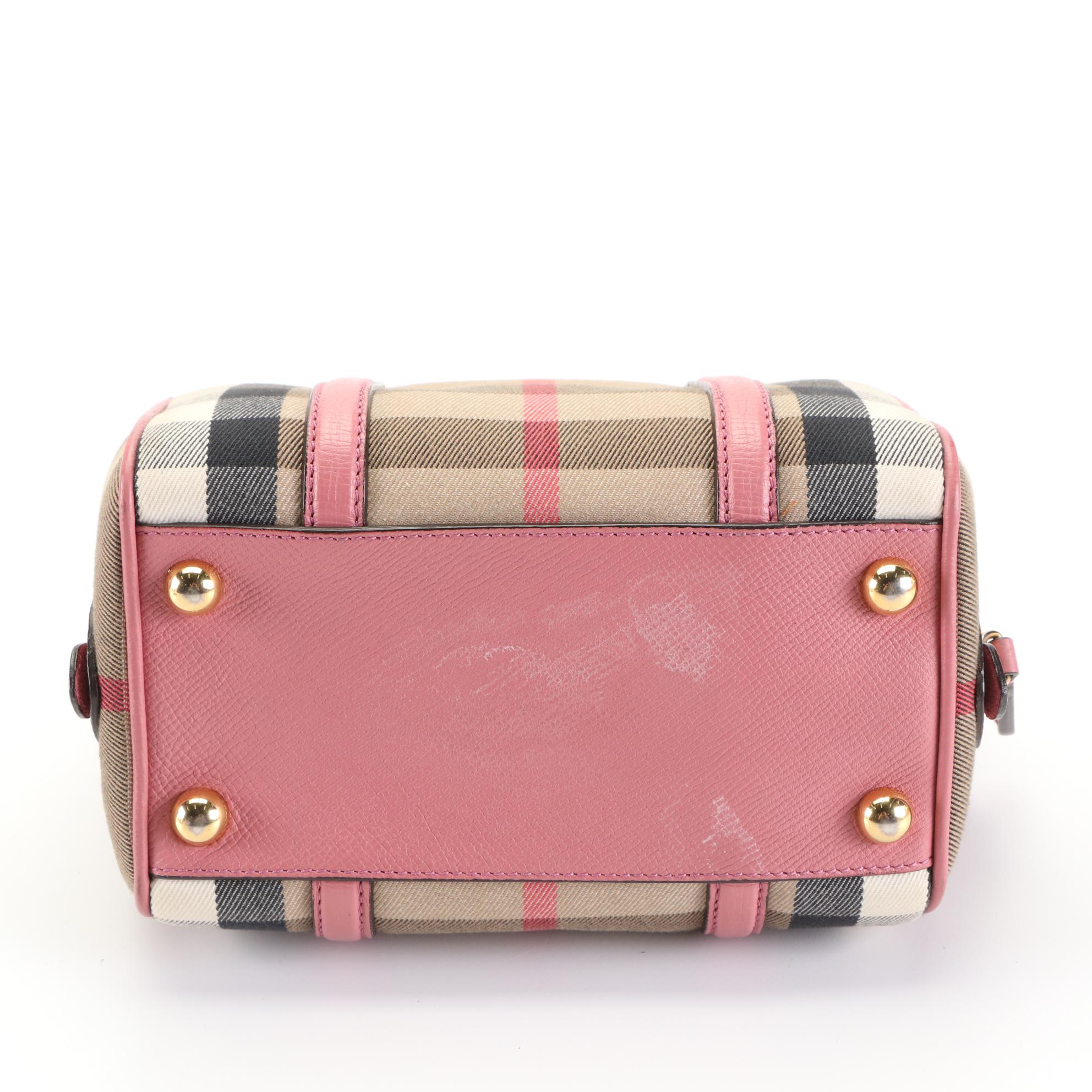 Burberry Small Boston Bag in House Check Twill/Pink Grained Leather with Strap