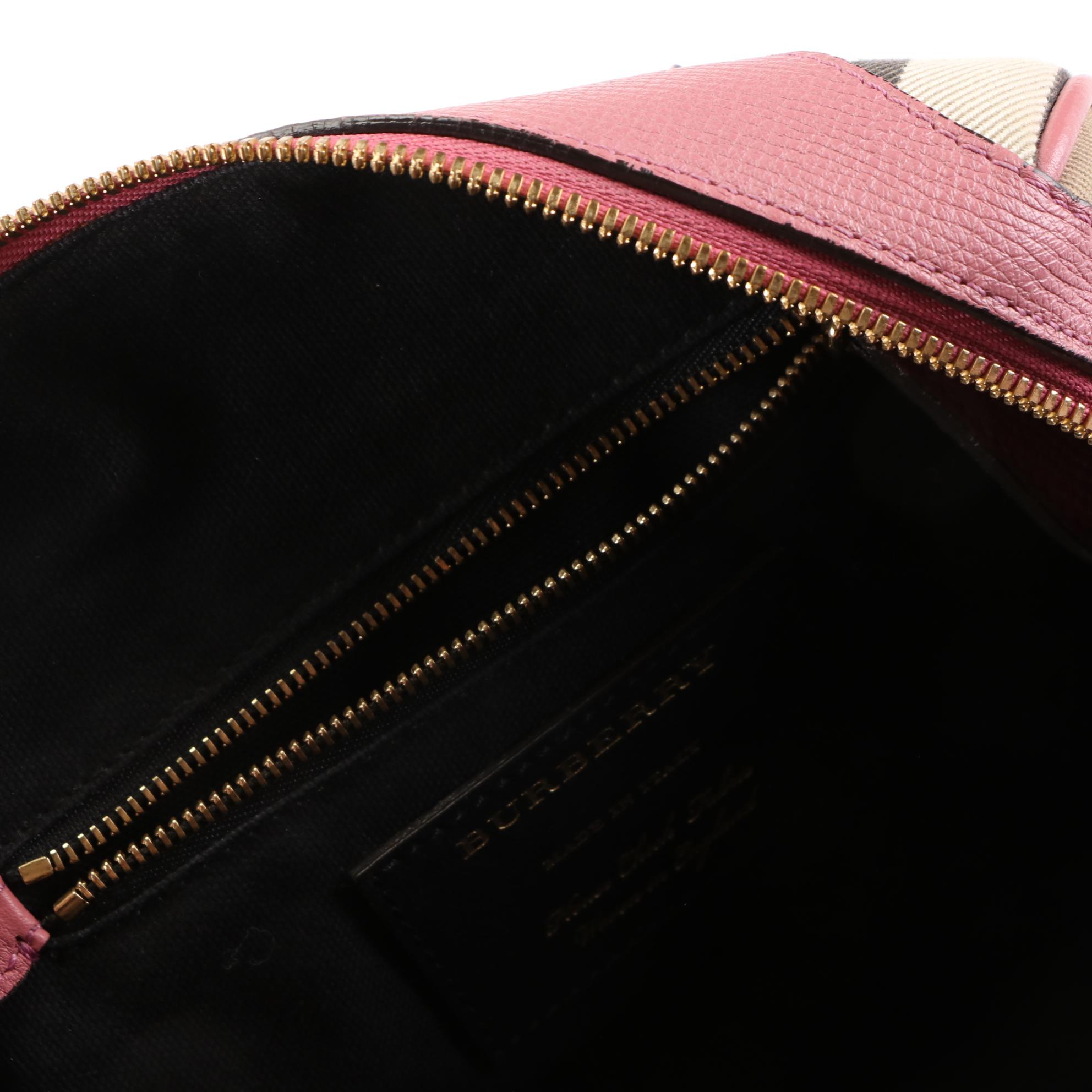 Burberry Small Boston Bag in House Check Twill/Pink Grained Leather with Strap