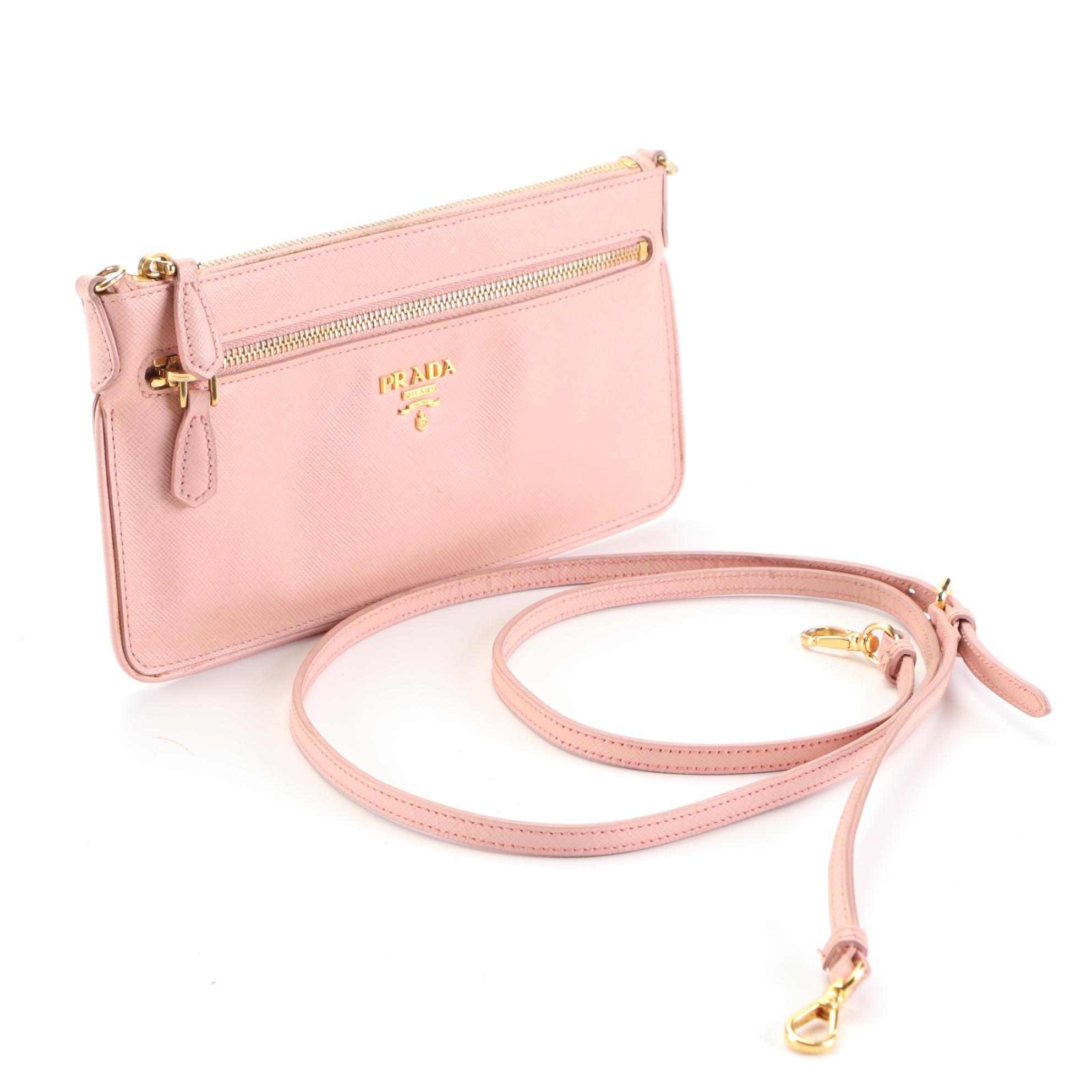Prada Small Crossbody Zip Pochette in Pink Saffiano Leather