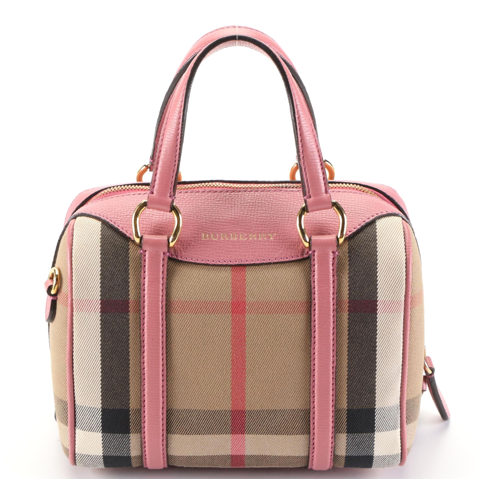 Burberry Small Boston Bag in House Check Twill/Pink Grained Leather with Strap
