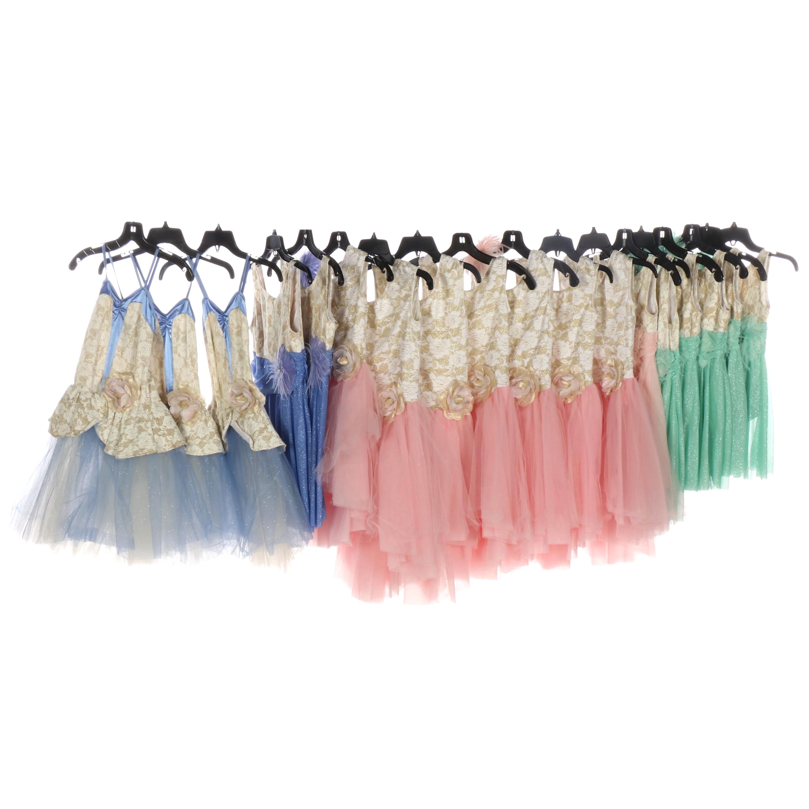Girls' Pastel Dance Costumes with Rose Motif Bodices