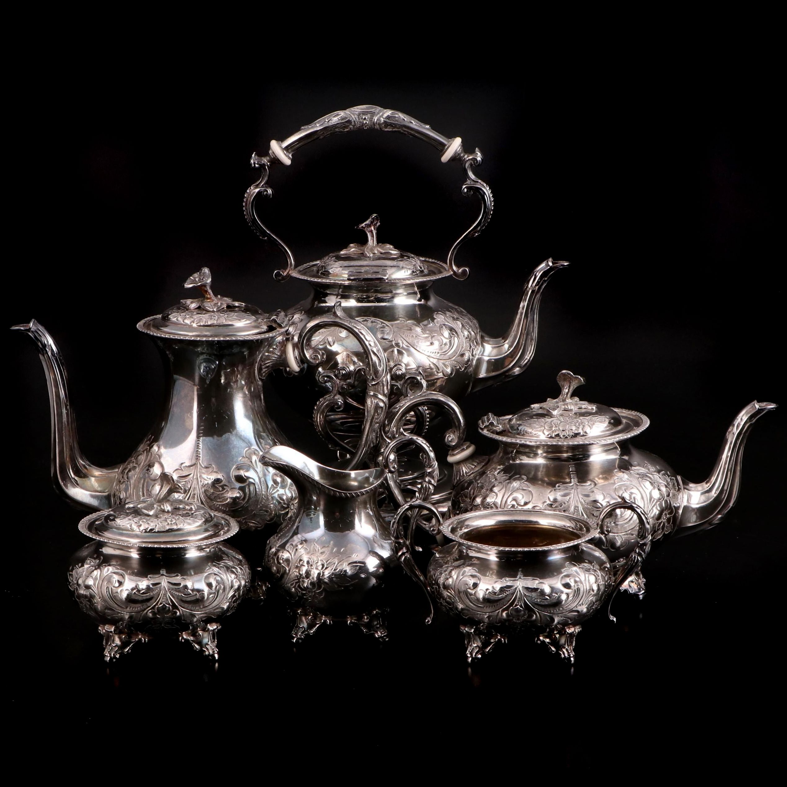 John Turton English Hand Chased Silver Plate Coffee and Tea Service