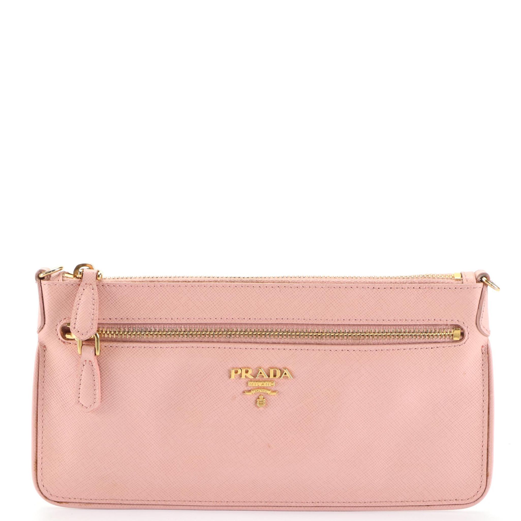 Prada Small Crossbody Zip Pochette in Pink Saffiano Leather