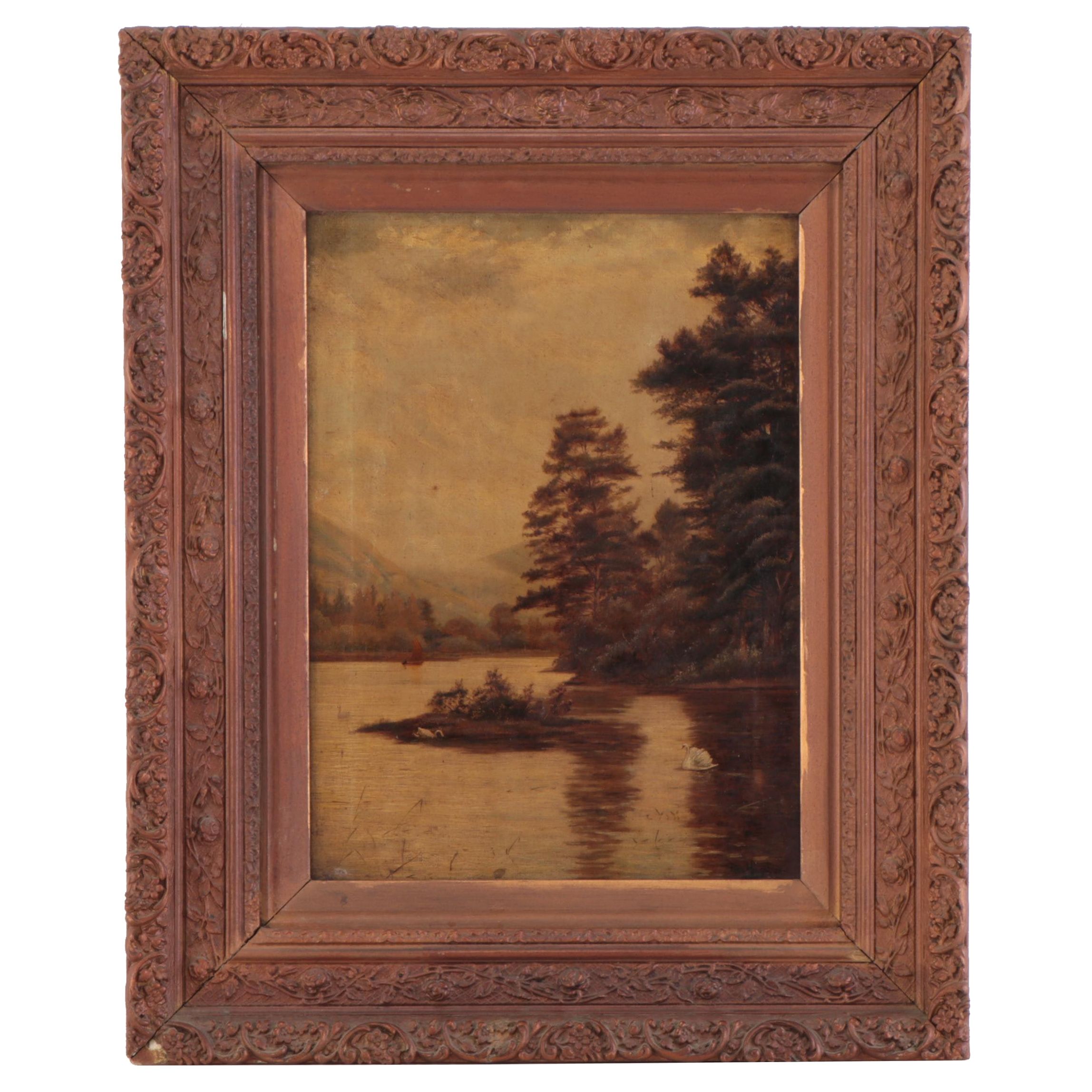 Theodore Hines Oil Painting "The Floating Island Loch Lomond," 19th Century
