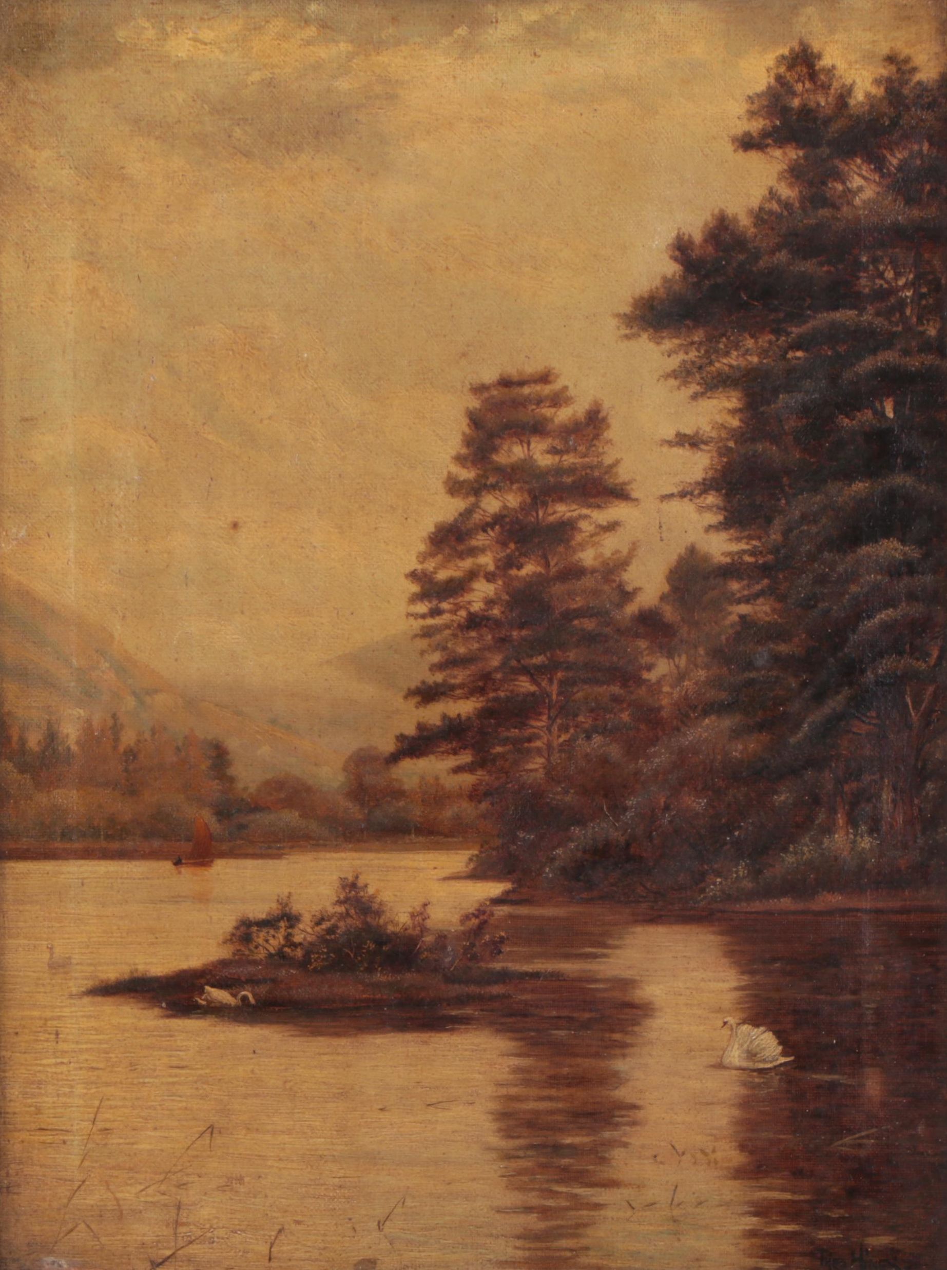 Theodore Hines Oil Painting "The Floating Island Loch Lomond," 19th Century