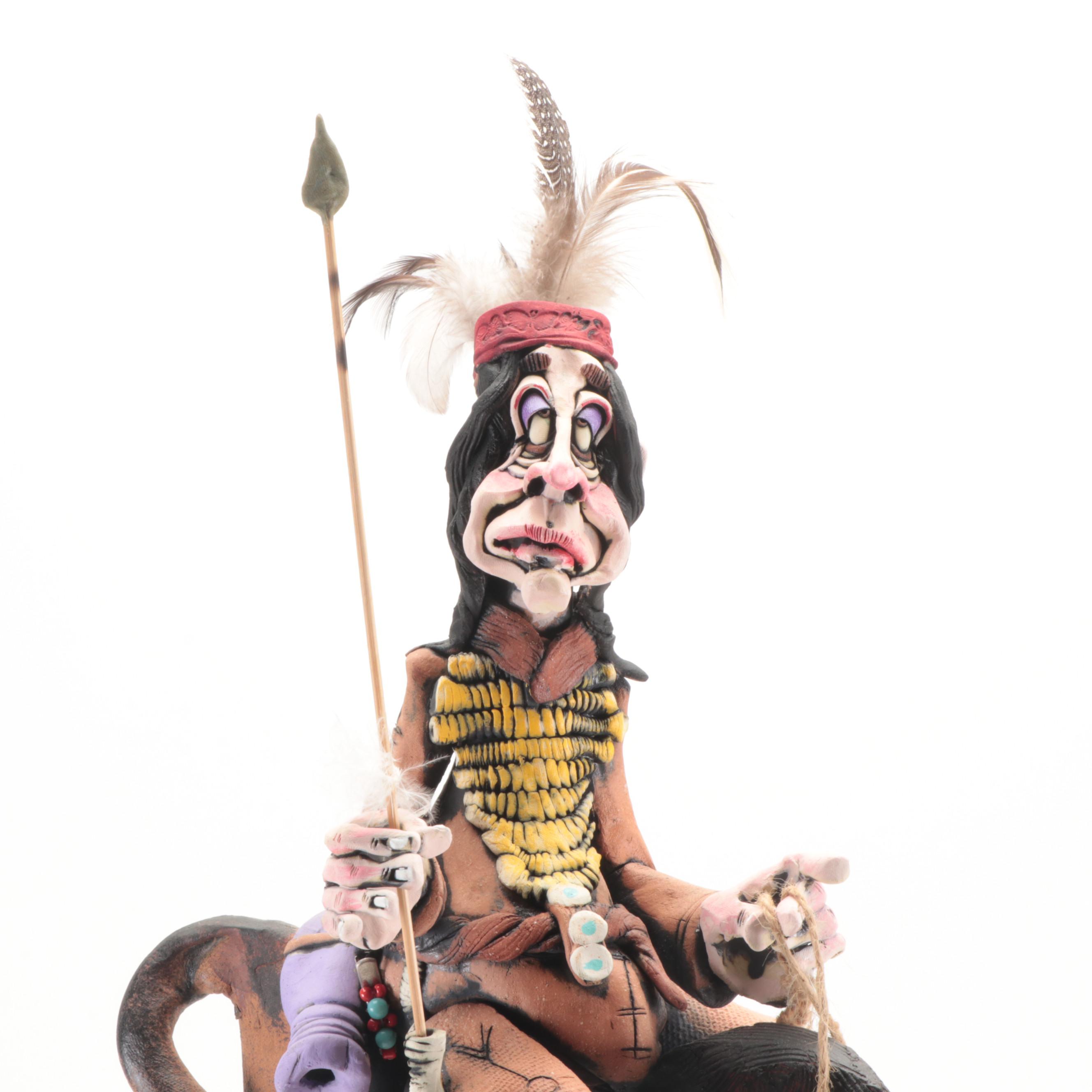 Signed Rex Benson Ceramic Native American Riding Buffalo Sculpture