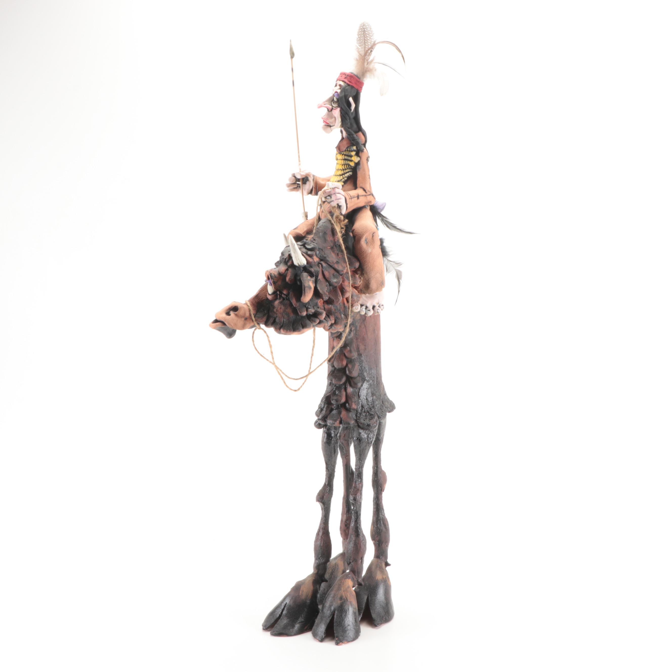 Signed Rex Benson Ceramic Native American Riding Buffalo Sculpture