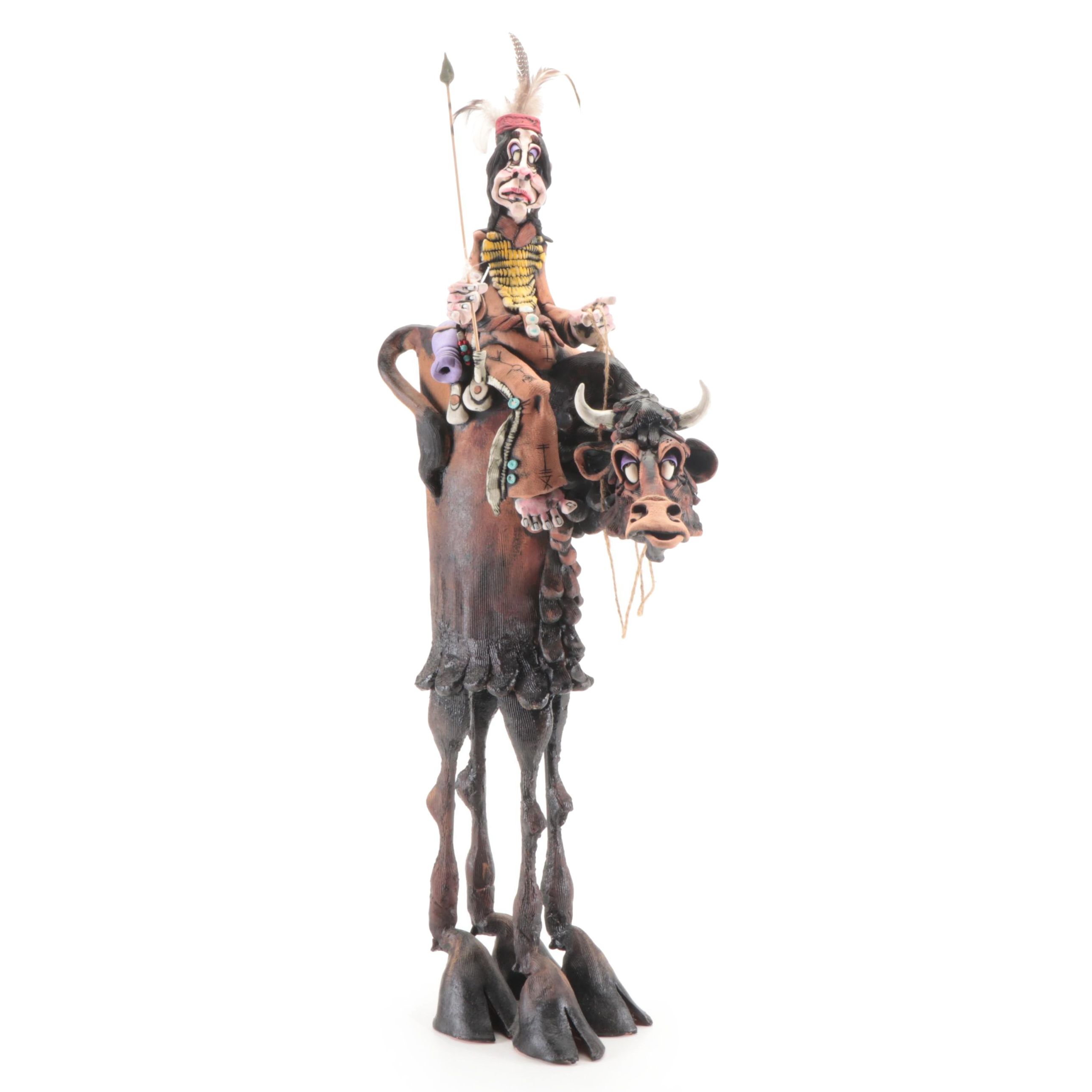 Signed Rex Benson Ceramic Native American Riding Buffalo Sculpture