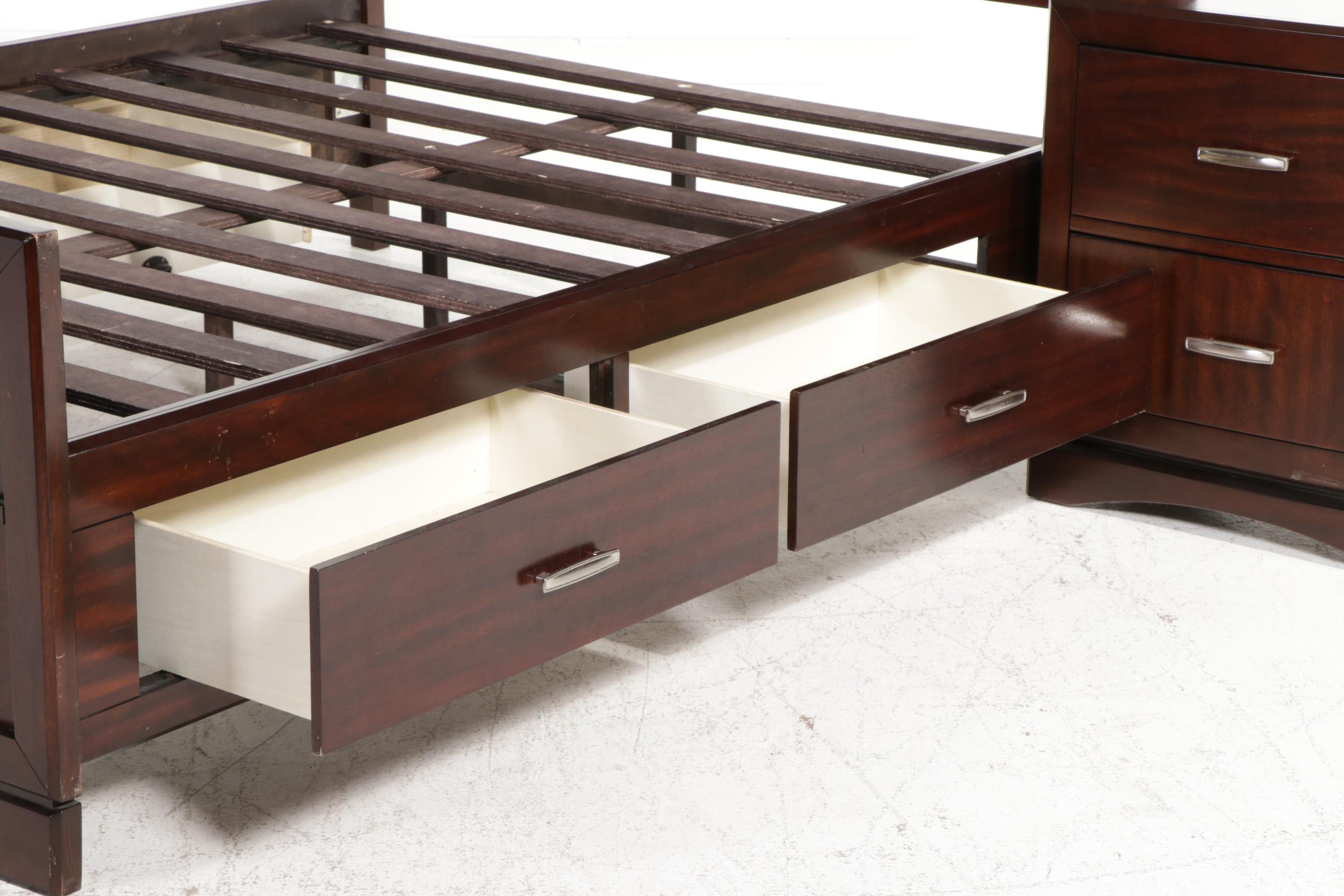 Najarian "Toronto" Pecan-Stained Queen Size Bed Frame with Two-Drawer Nightstand