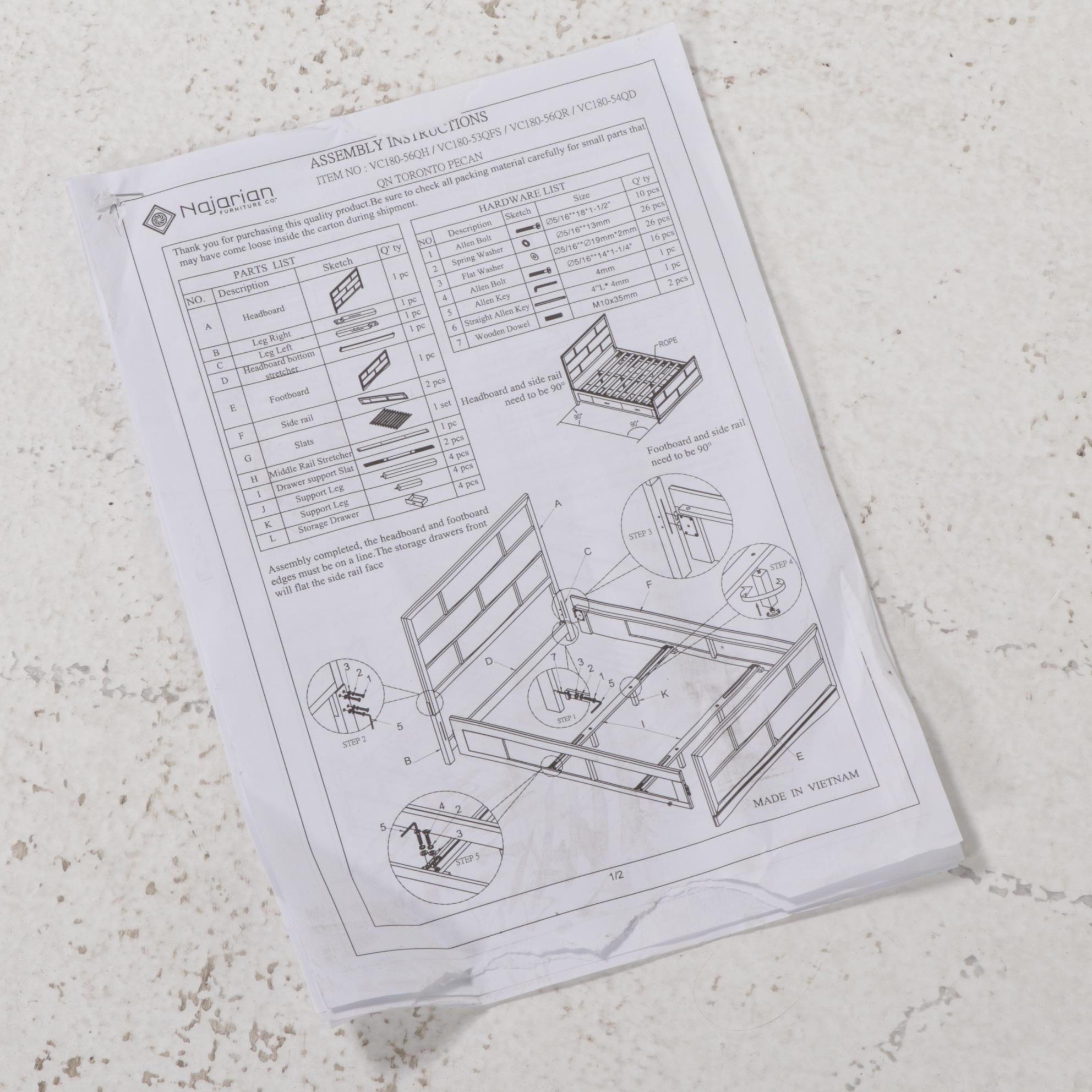 Najarian "Toronto" Pecan-Stained Queen Size Bed Frame with Two-Drawer Nightstand