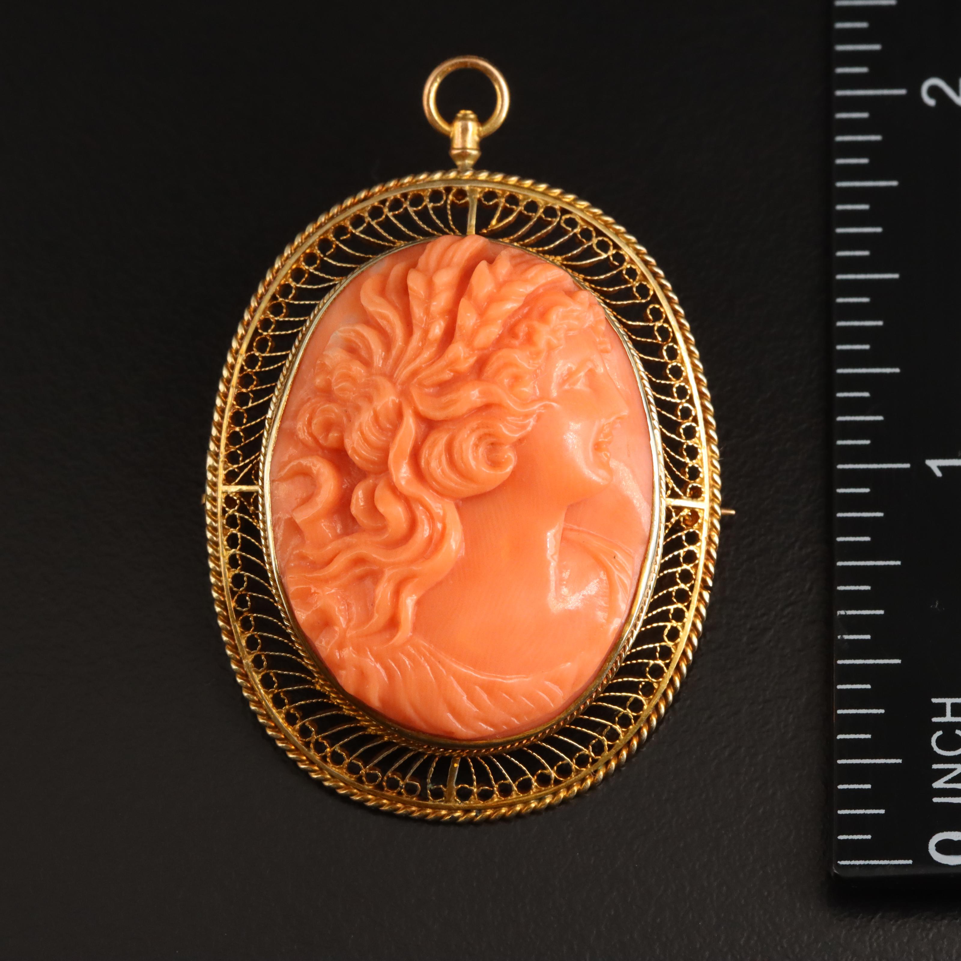 Edwardian 10K Coral Cameo Brooch with Filigree Detail