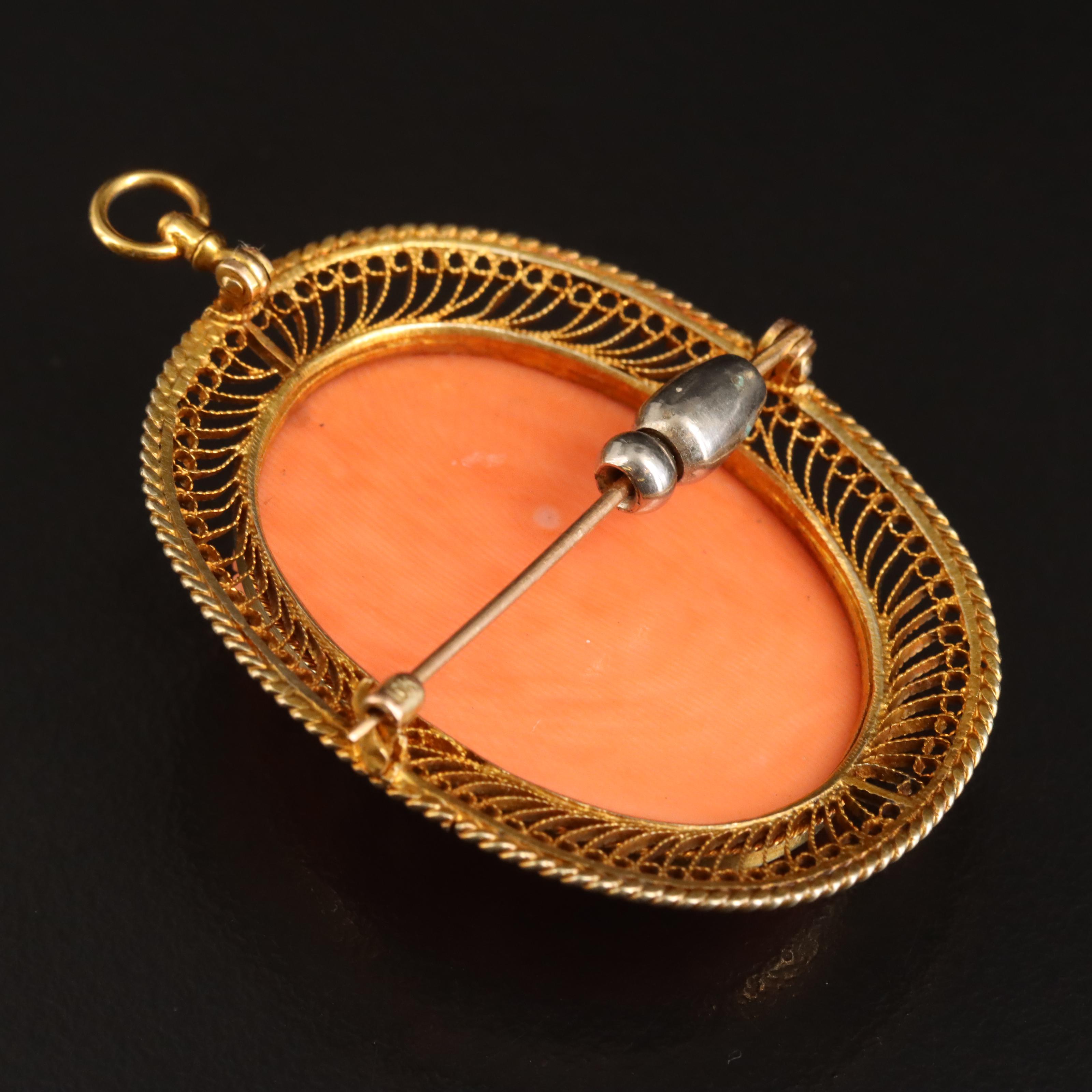 Edwardian 10K Coral Cameo Brooch with Filigree Detail