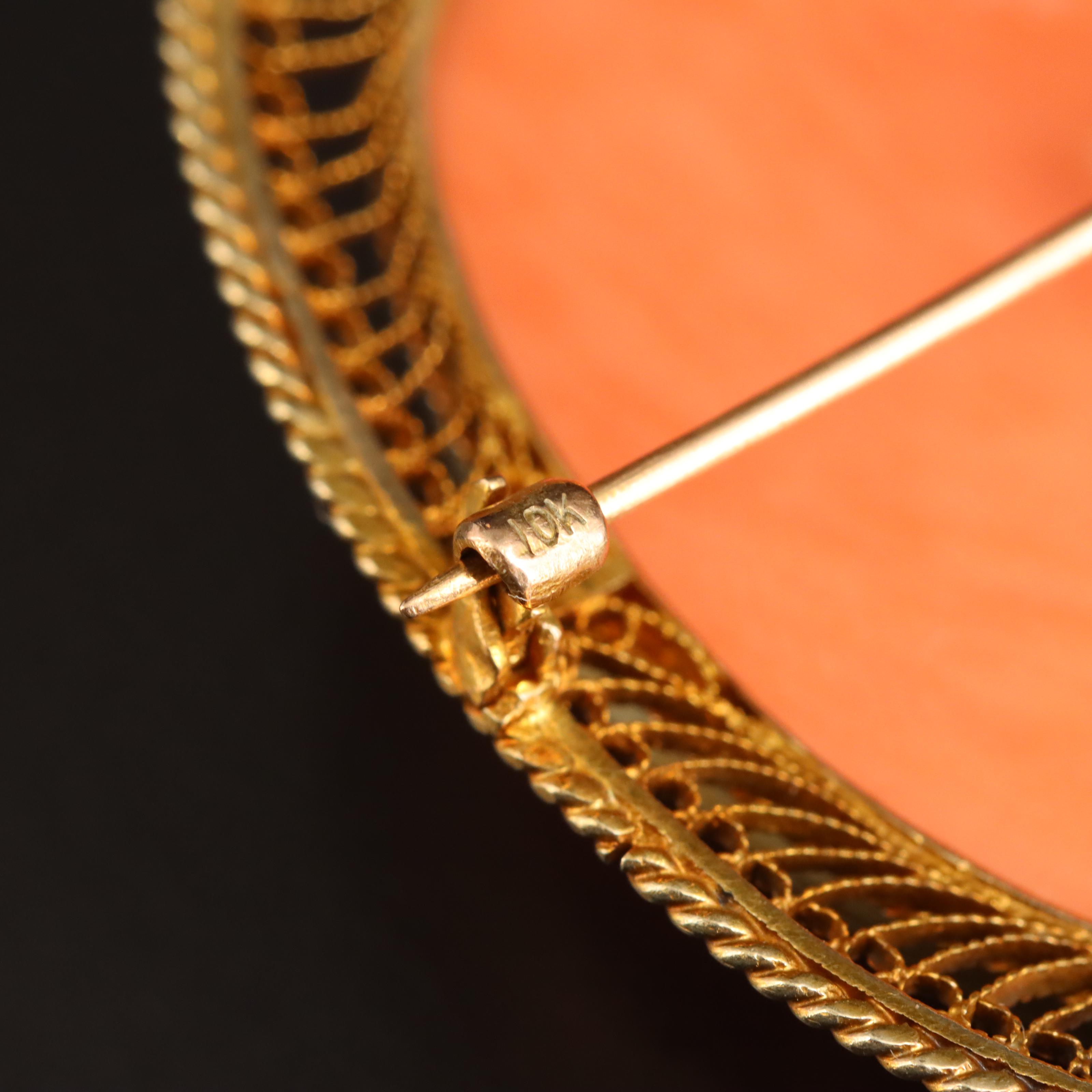 Edwardian 10K Coral Cameo Brooch with Filigree Detail