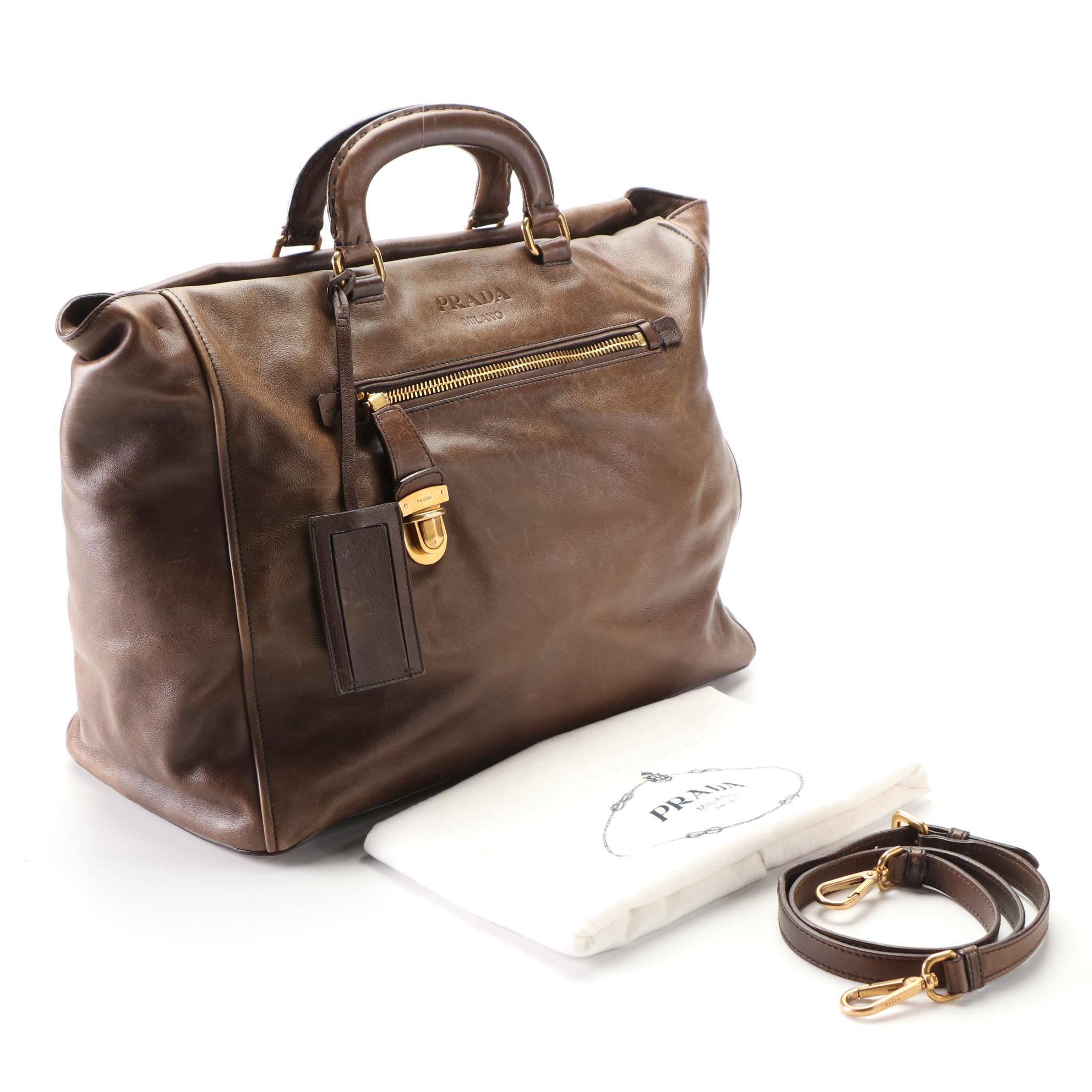 Prada Large Two-Way Shoulder Bag in Brown Leather