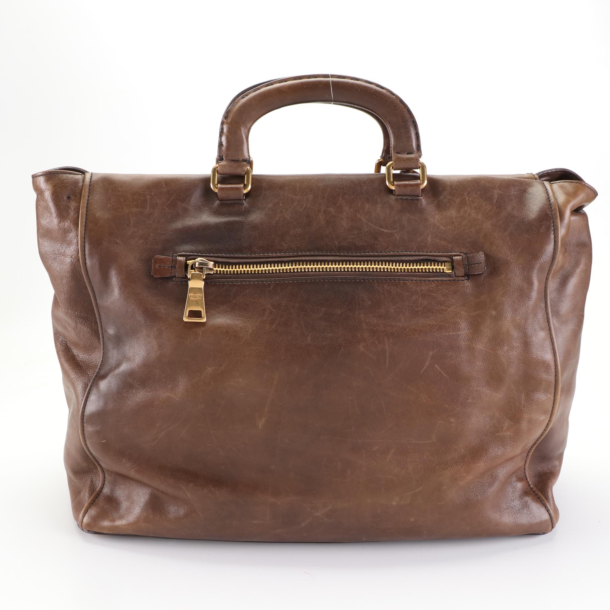 Prada Large Two-Way Shoulder Bag in Brown Leather