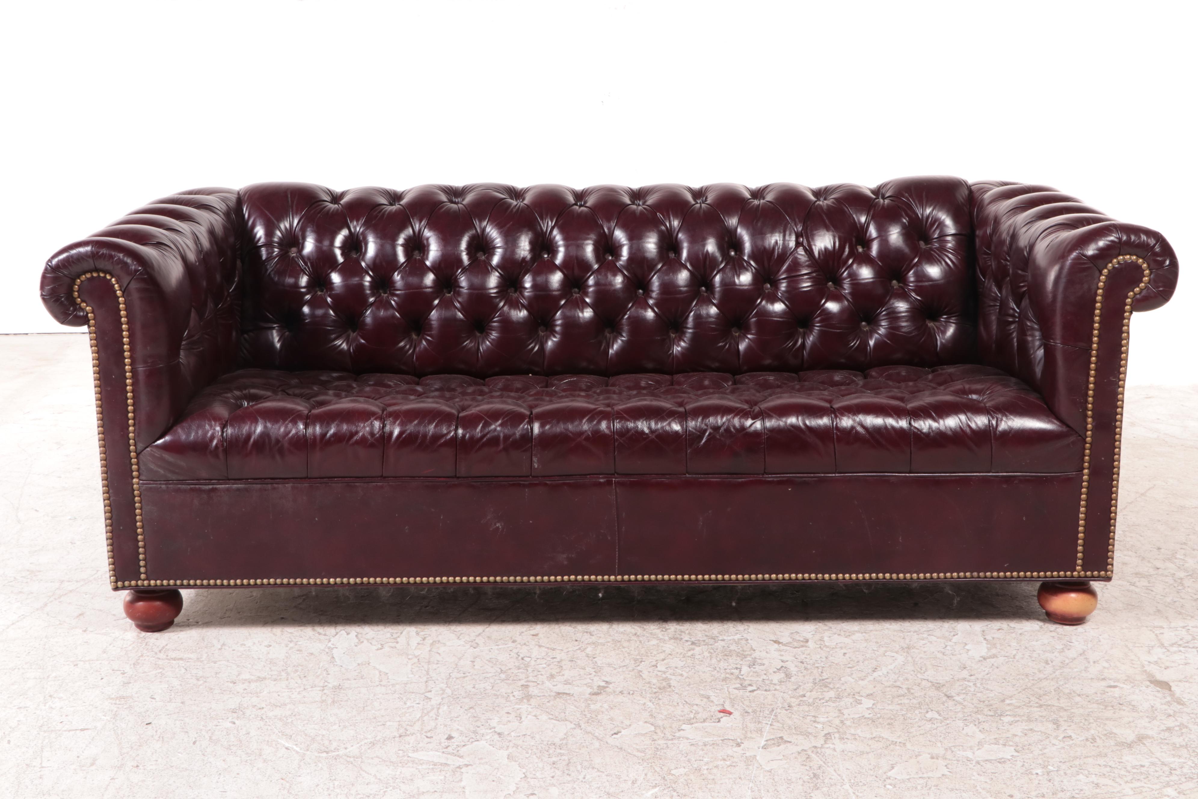 Burgundy Leather Chesterfield Sofa with Nailhead Trim, Late 20th Century