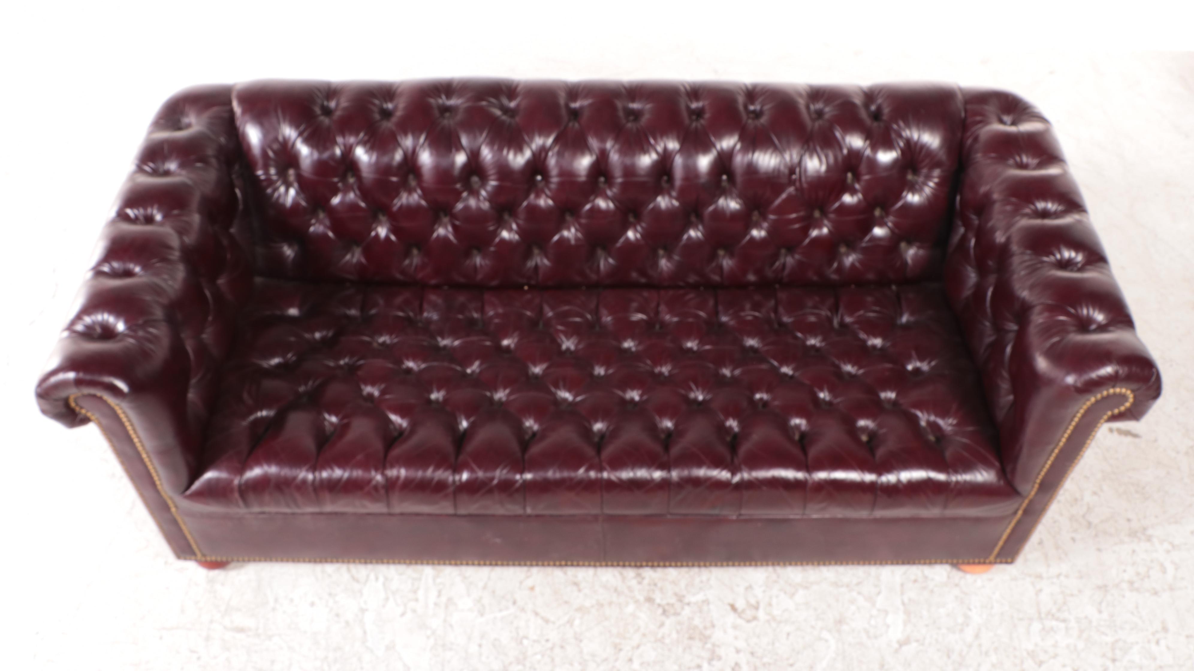 Burgundy Leather Chesterfield Sofa with Nailhead Trim, Late 20th Century