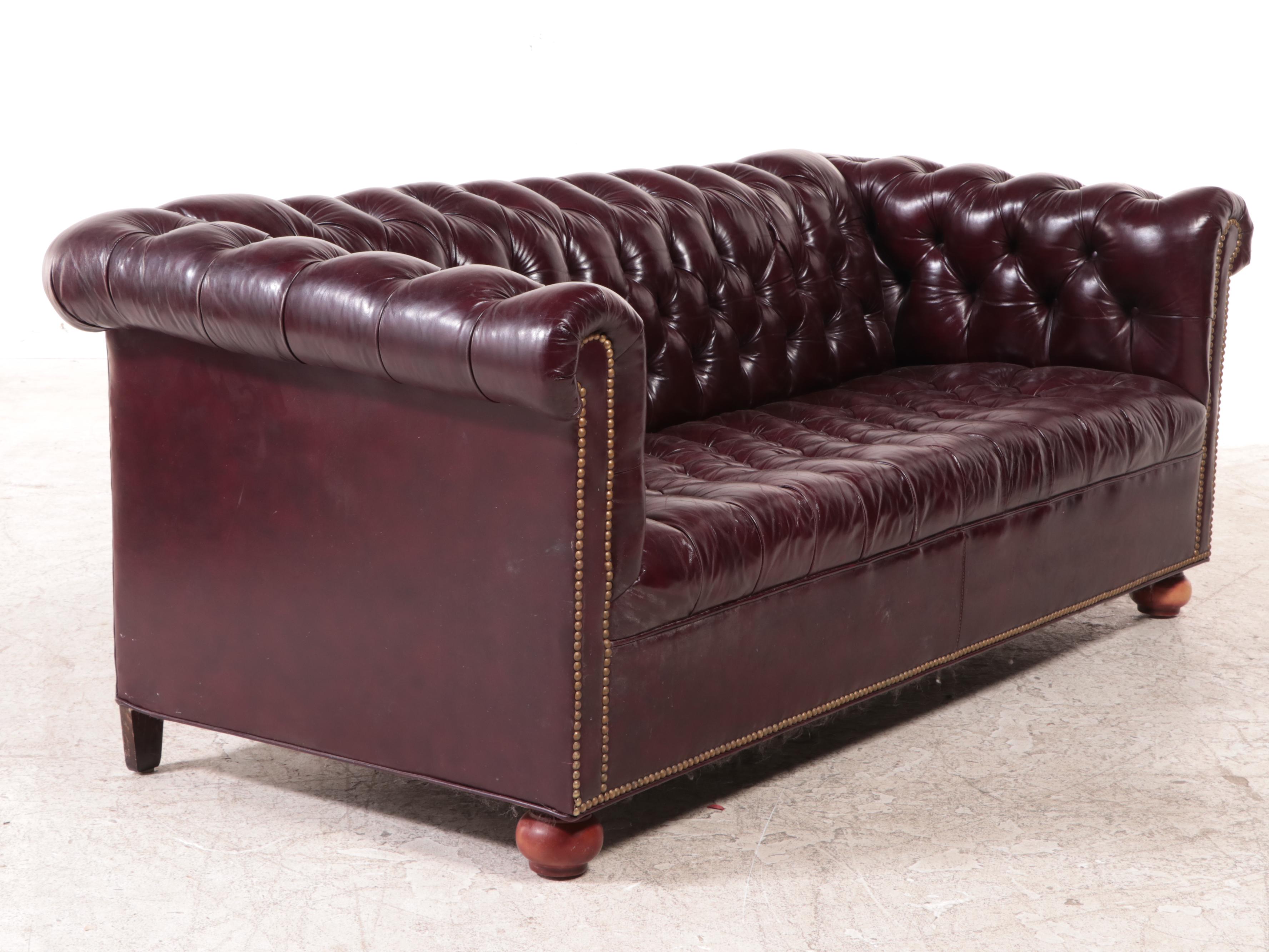 Burgundy Leather Chesterfield Sofa with Nailhead Trim, Late 20th Century